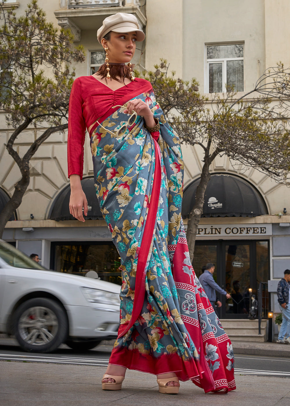 Grey & Red Contemporary Printed Satin Crepe Saree - qivii