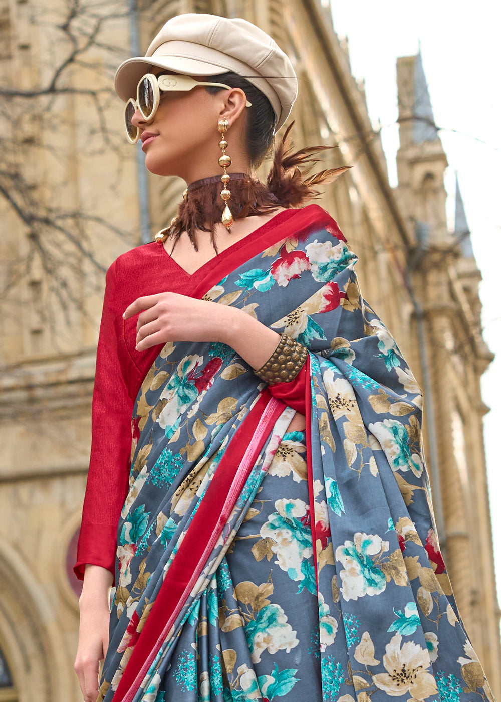 Grey & Red Contemporary Printed Satin Crepe Saree - qivii