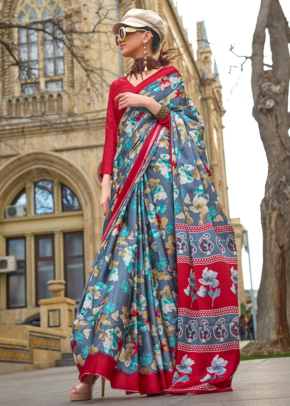 Grey & Red Contemporary Printed Satin Crepe Saree - qivii