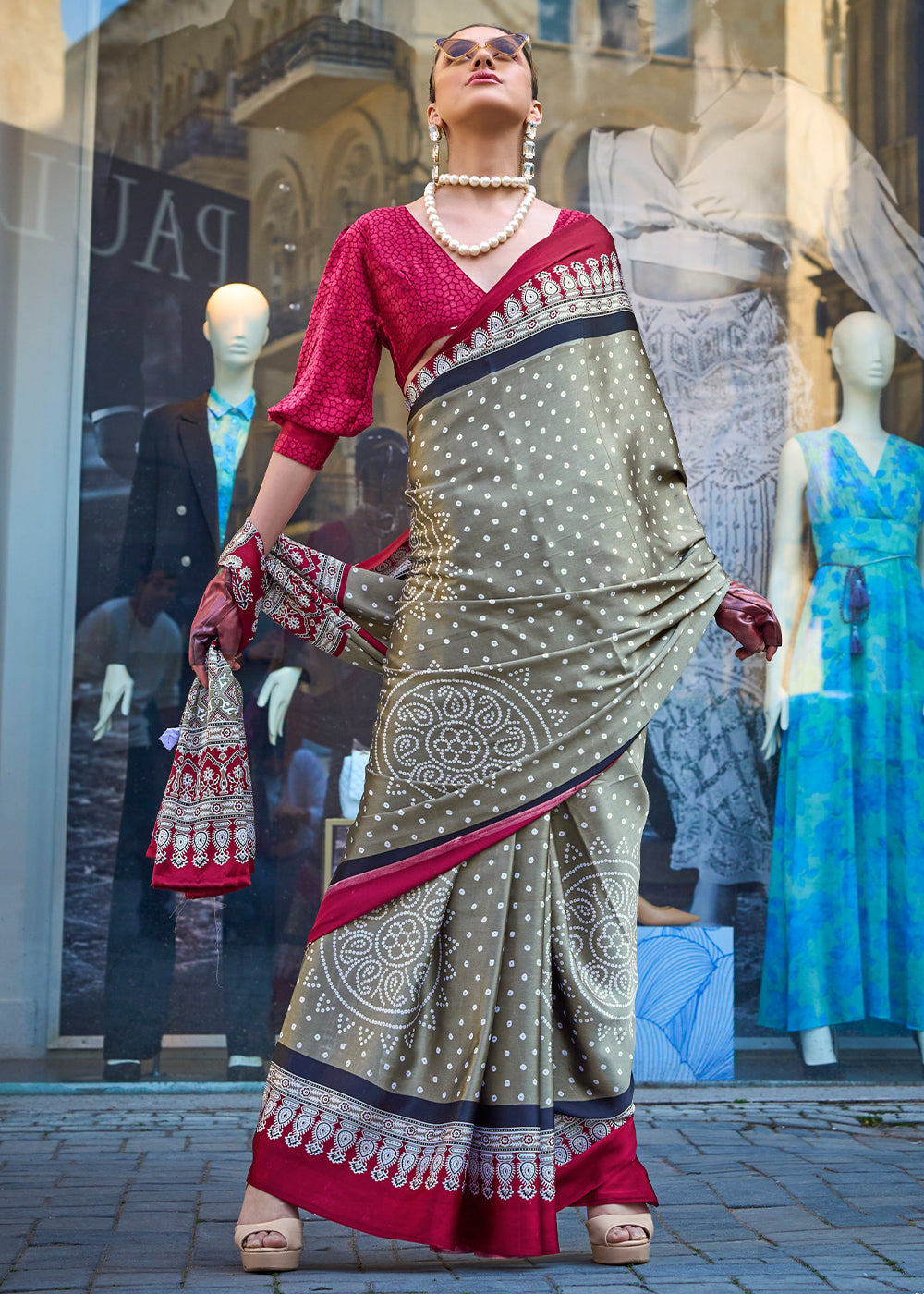 Seal Grey Contemporary Printed Satin Crepe Saree - qivii