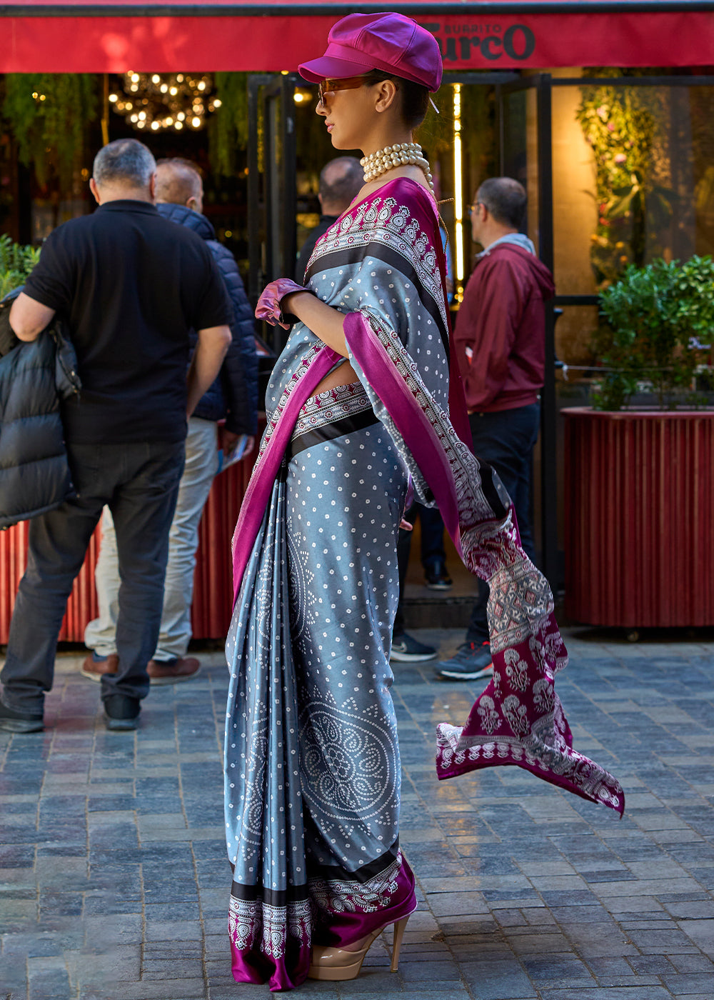 Flint Grey Contemporary Printed Satin Crepe Saree - qivii