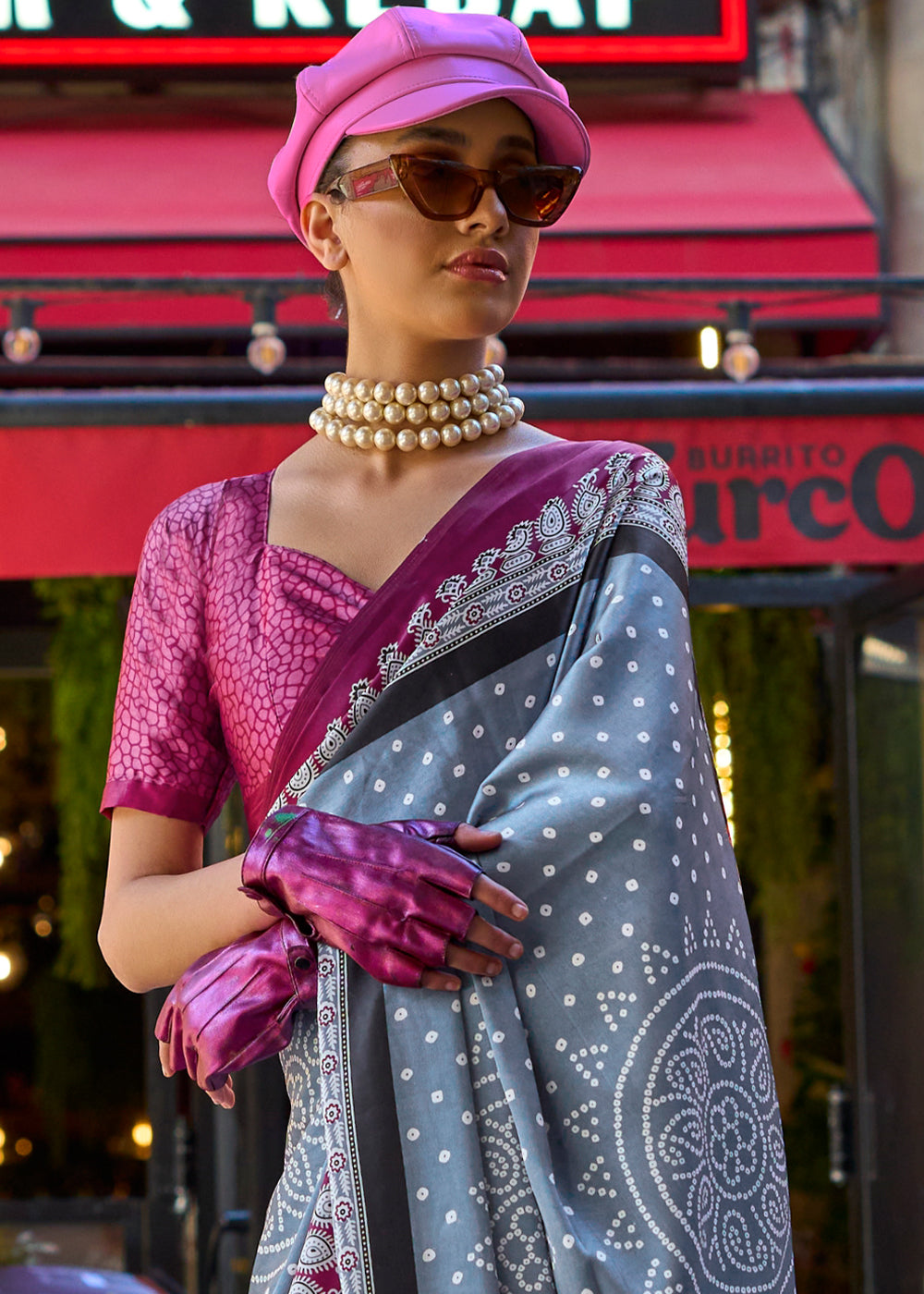 Flint Grey Contemporary Printed Satin Crepe Saree - qivii