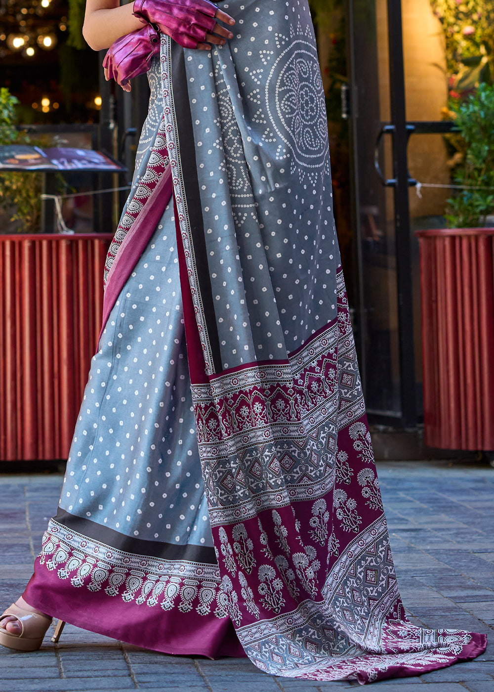Flint Grey Contemporary Printed Satin Crepe Saree - qivii