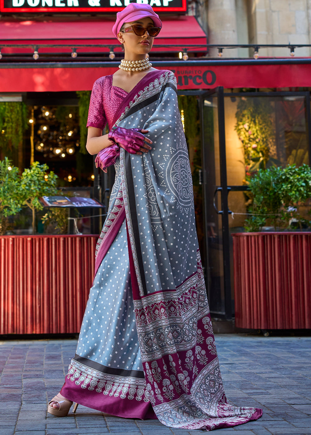 Flint Grey Contemporary Printed Satin Crepe Saree - qivii