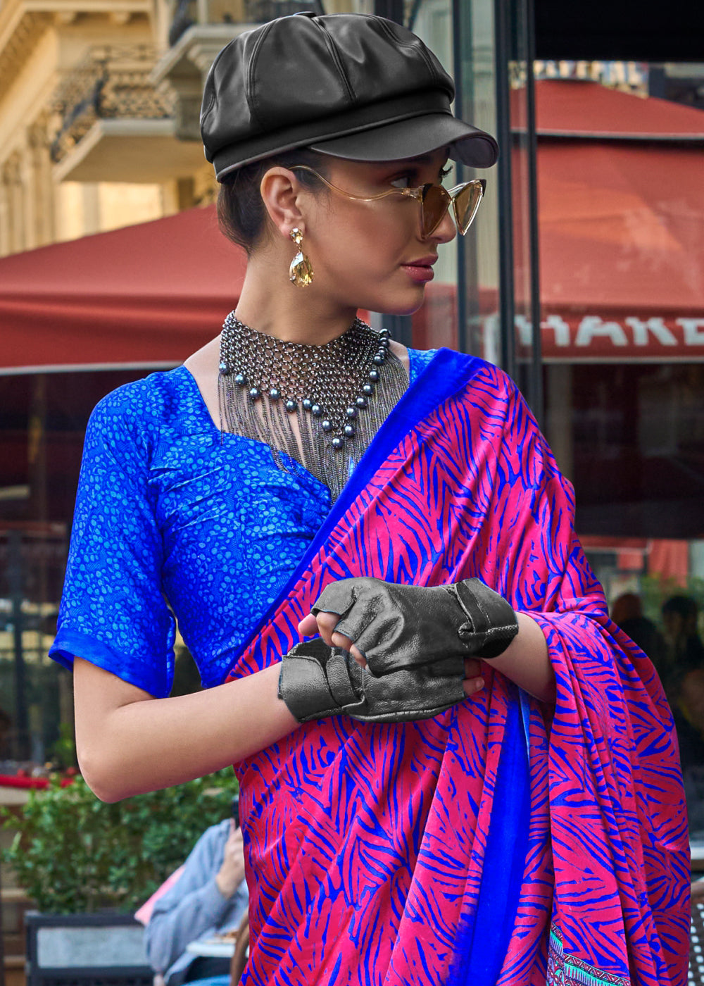 Deep Pink Contemporary Printed Satin Crepe Saree - qivii