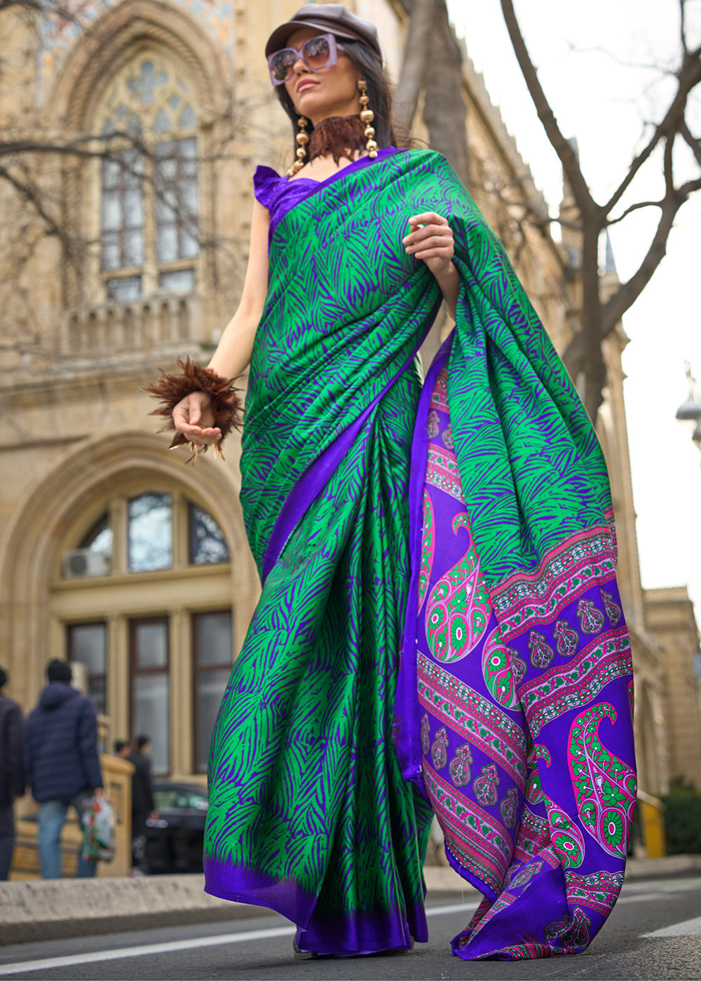 Shamrock Green Contemporary Printed Satin Crepe Saree - qivii