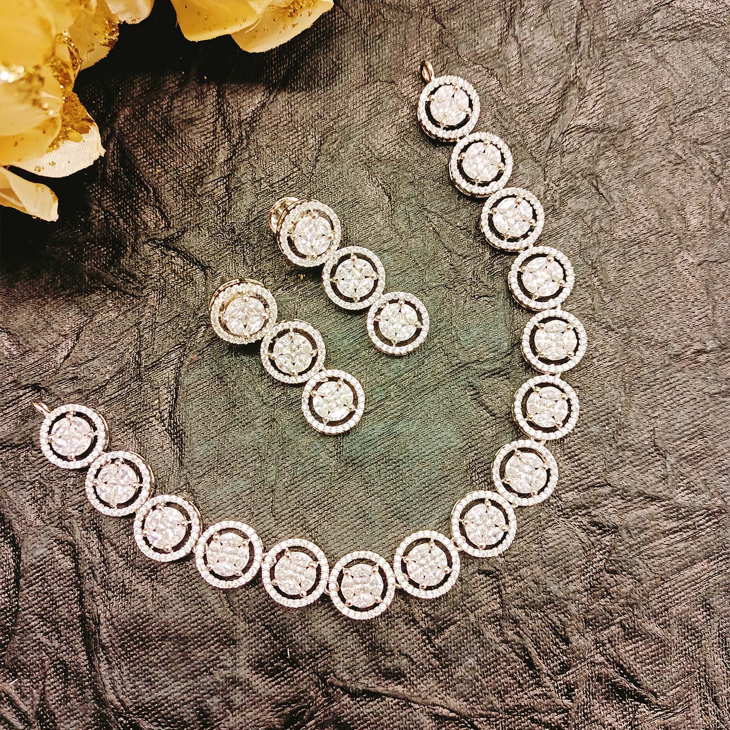 Kaaynaat Diamond Neck Line Silver Plated Necklace Set - qivii