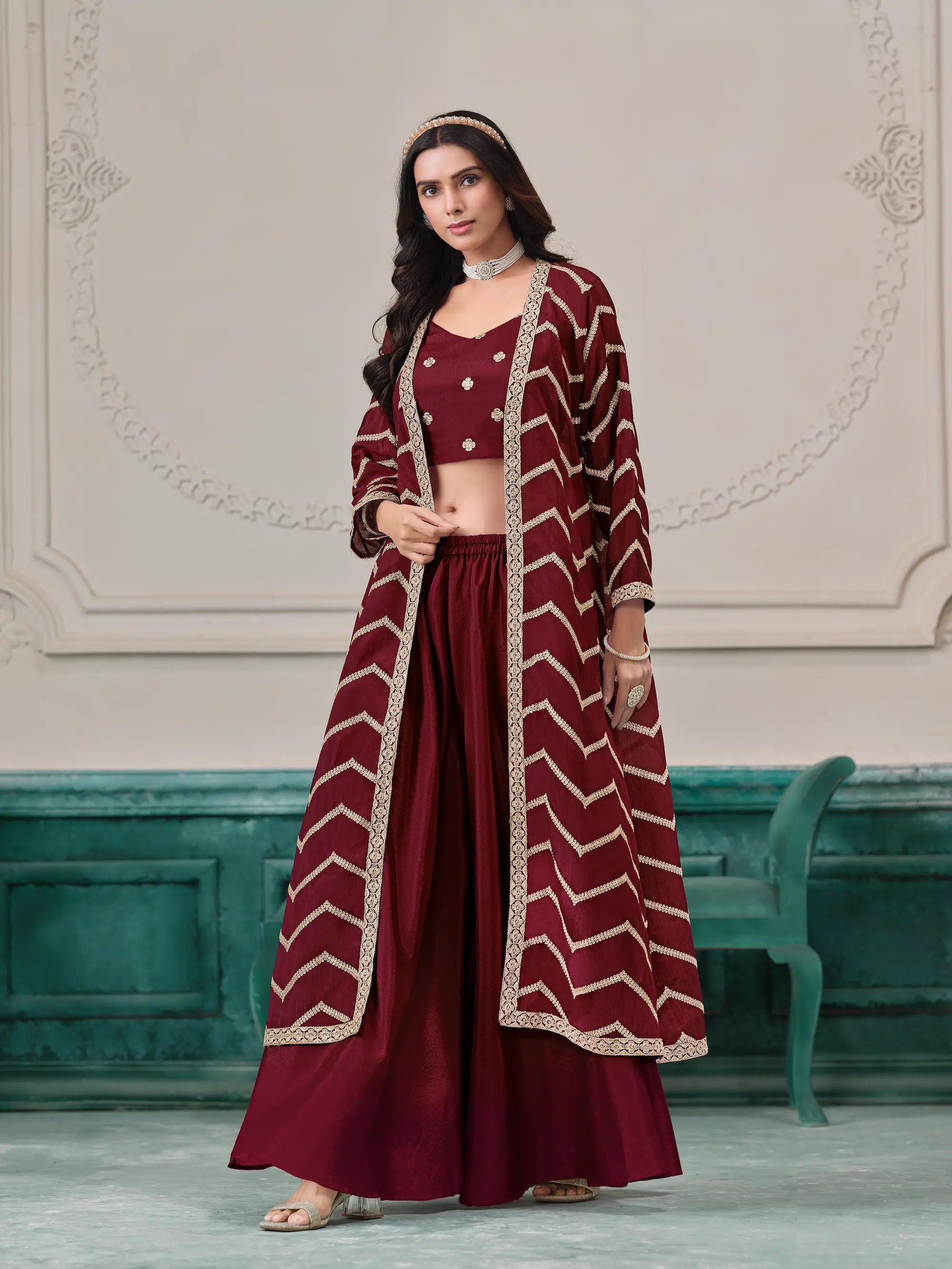 Maroon Chinon Indo-Western Set With Embroidery Work - qivii