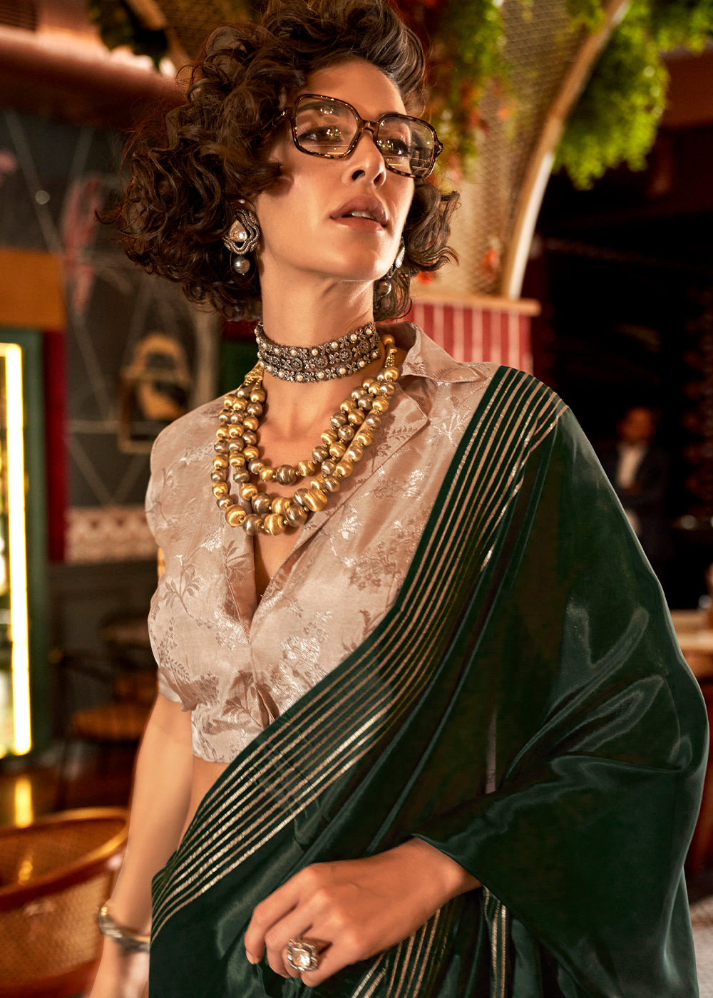 Sacramento Green Handloom Woven Viscose Satin Saree with Contrast Blouse - qivii