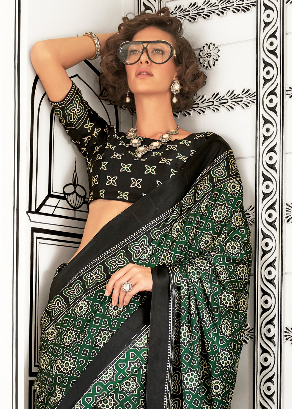 Castleton Green Ajrakh Printed Satin Crepe Saree - qivii