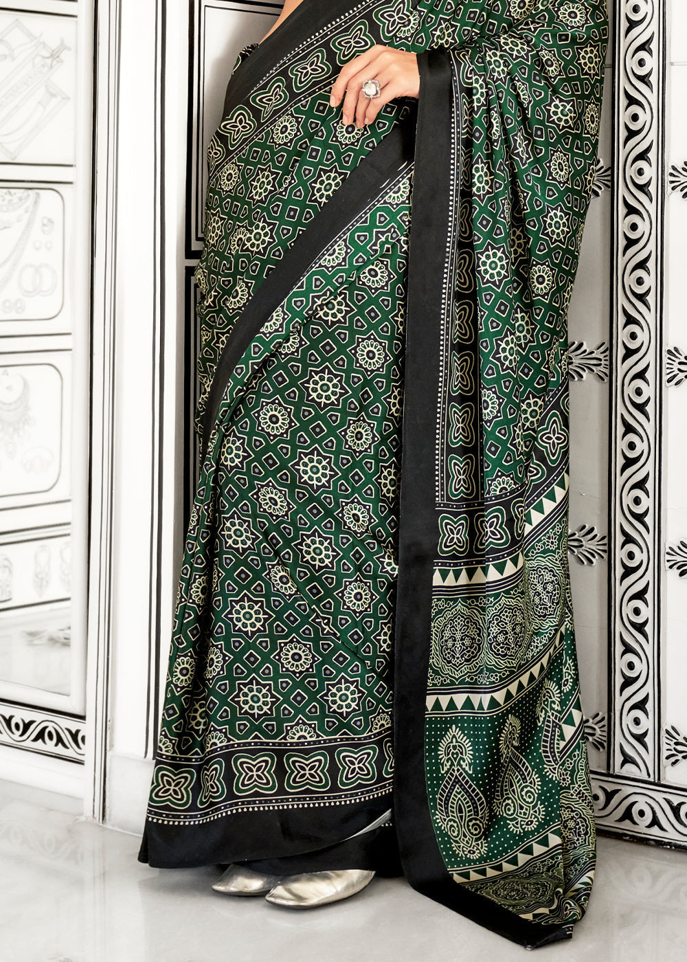 Castleton Green Ajrakh Printed Satin Crepe Saree - qivii