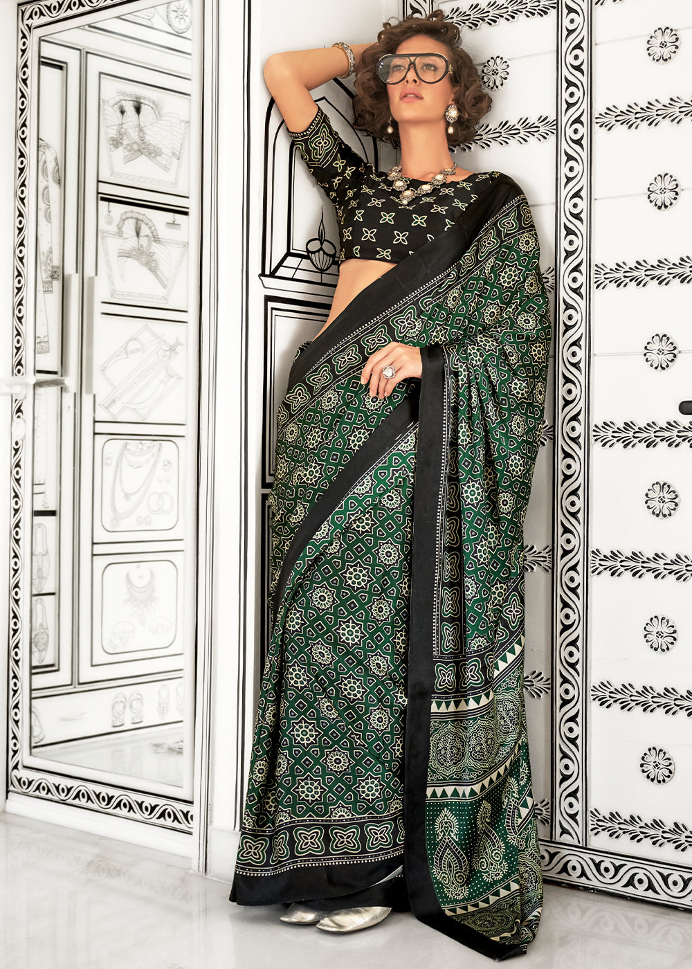 Castleton Green Ajrakh Printed Satin Crepe Saree - qivii