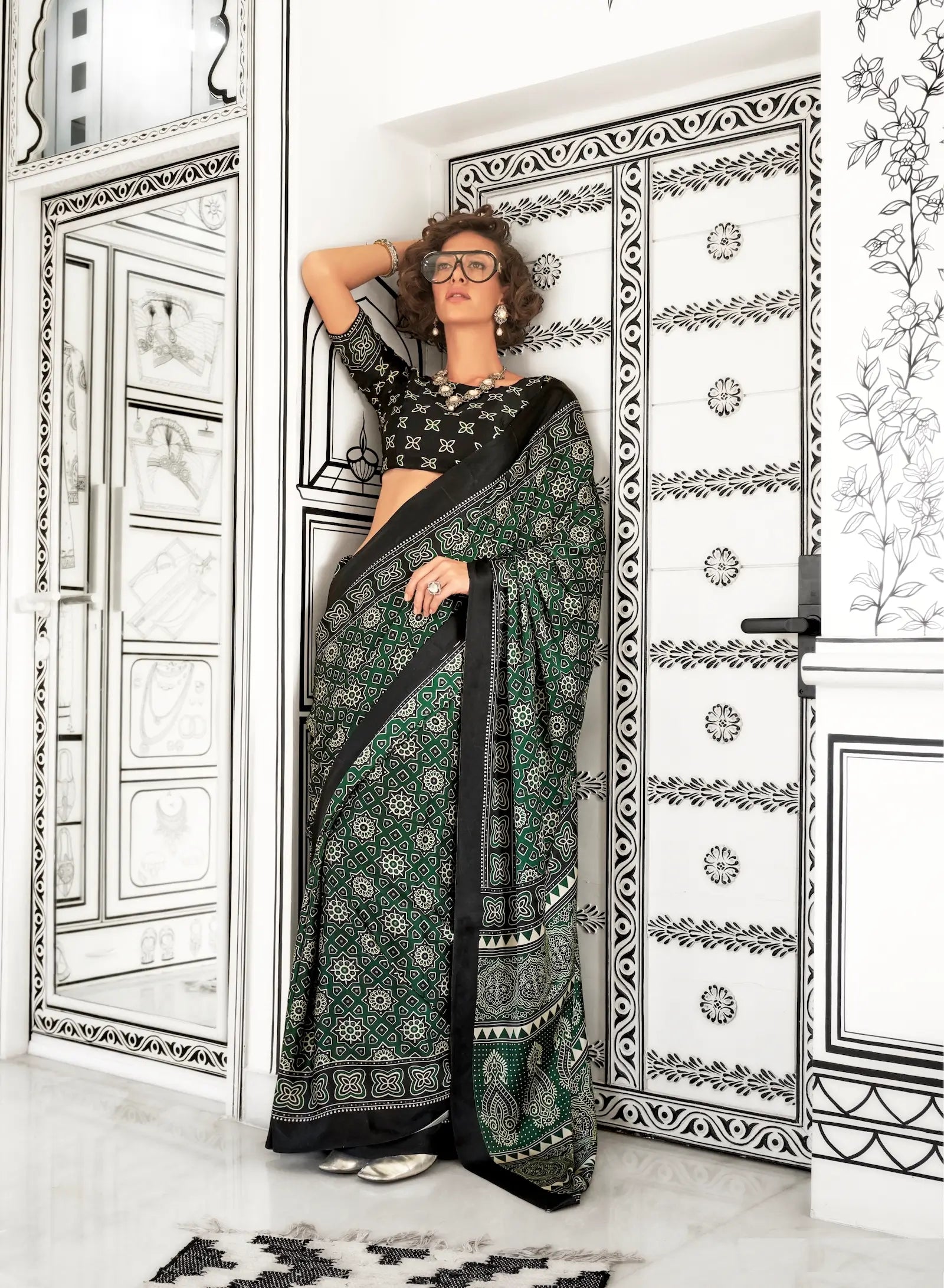Green Ajrakh Printed Satin Crepe Silk Saree - qivii