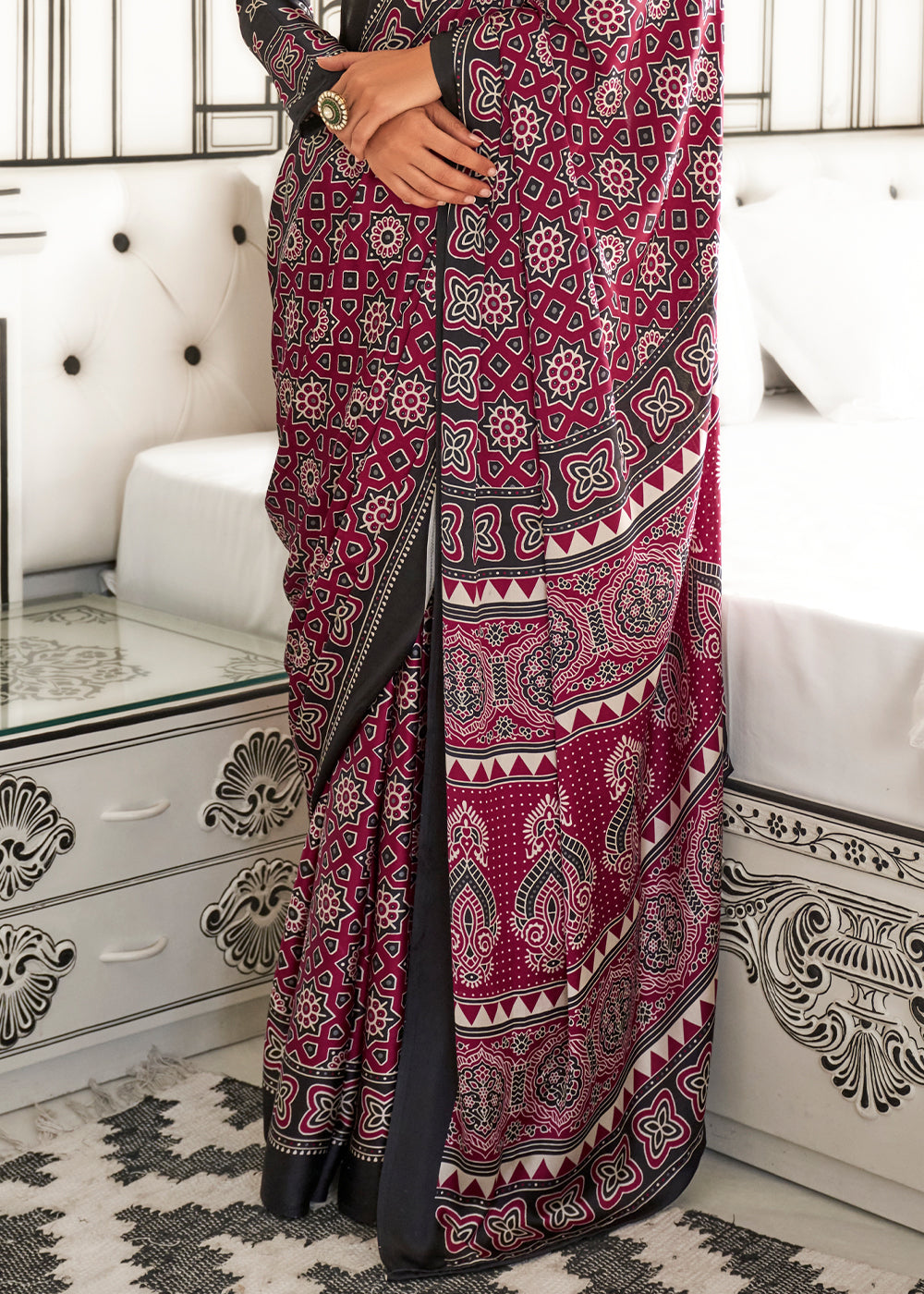 Cerise Pink Ajrakh Printed Satin Crepe Saree - qivii