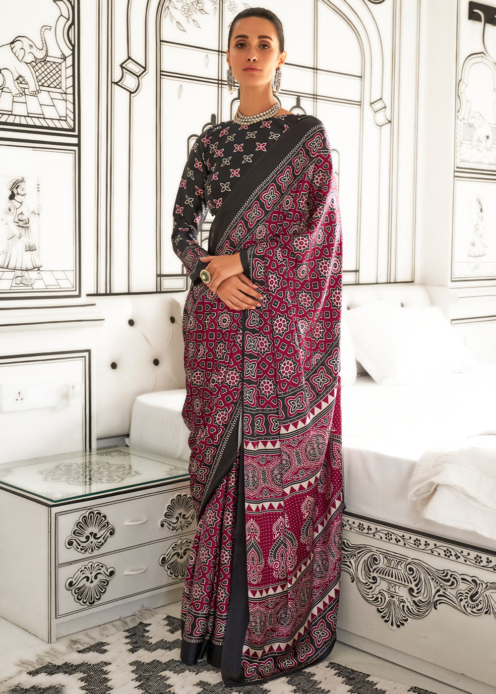 Cerise Pink Ajrakh Printed Satin Crepe Saree - qivii