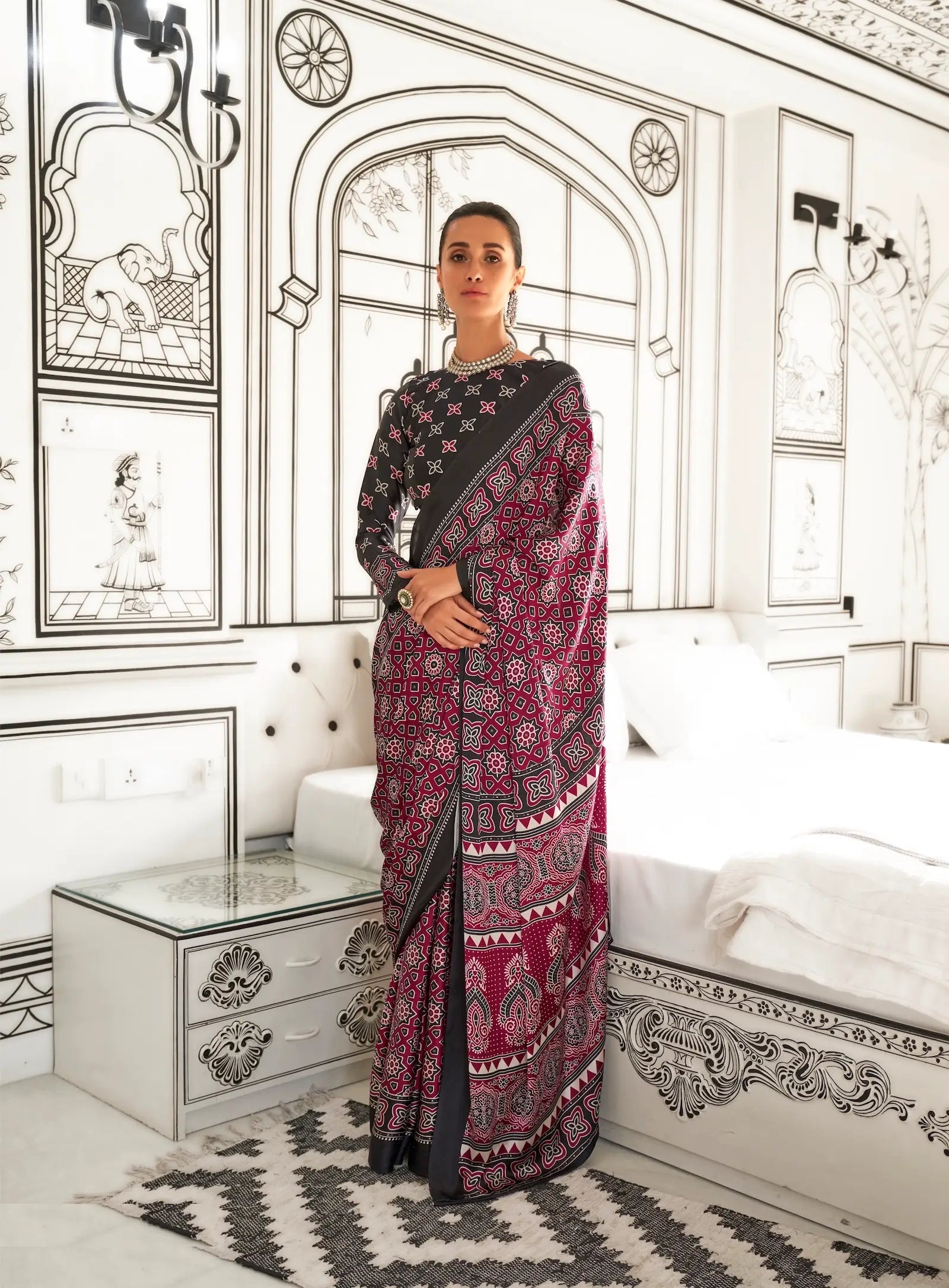 Maroon Ajrakh Printed Satin Crepe Silk Saree - qivii