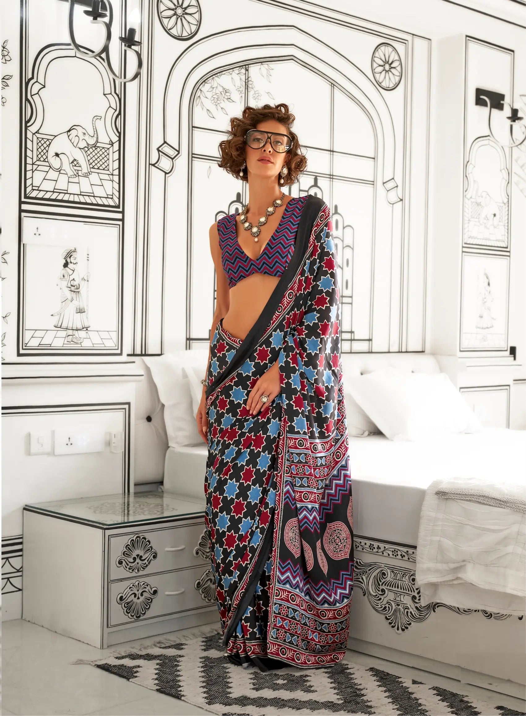 Black Multicolor Ajrakh Printed Satin Crepe Silk Saree - qivii