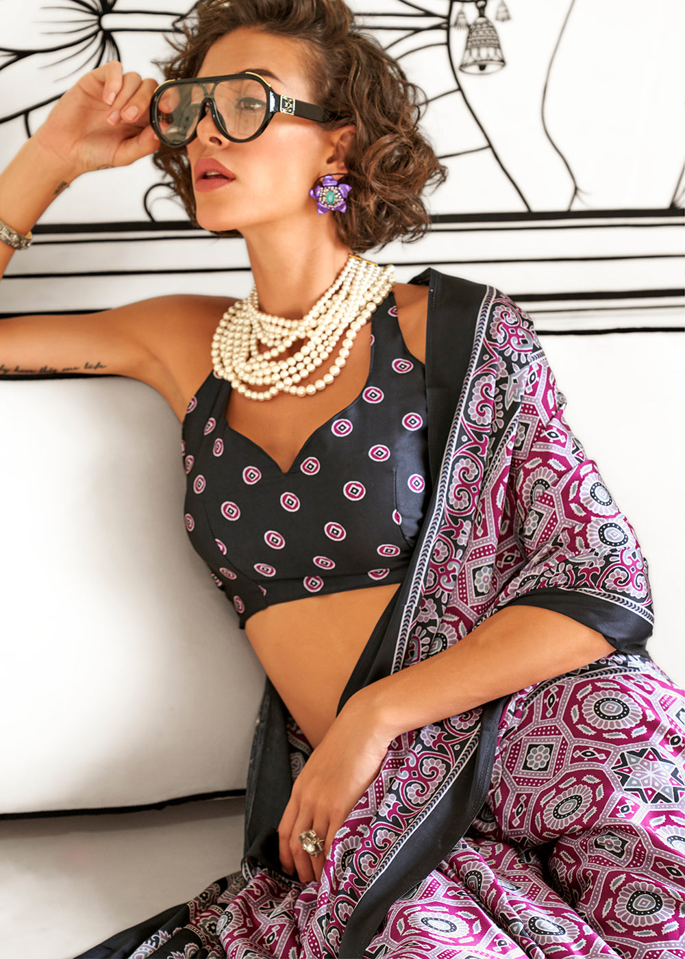 Shades Of Pink Ajrakh Printed Satin Crepe Saree - qivii