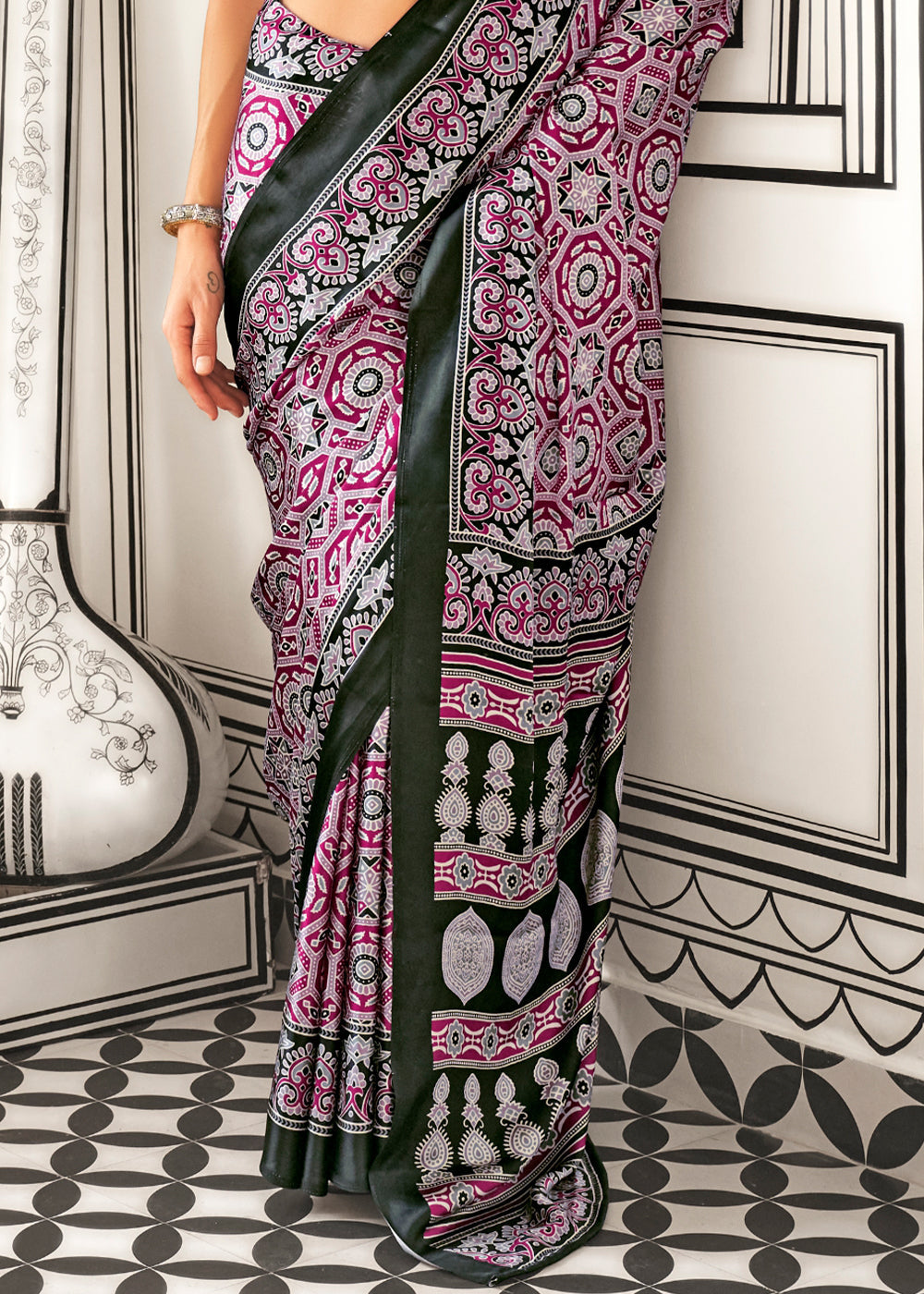 Shades Of Pink Ajrakh Printed Satin Crepe Saree - qivii