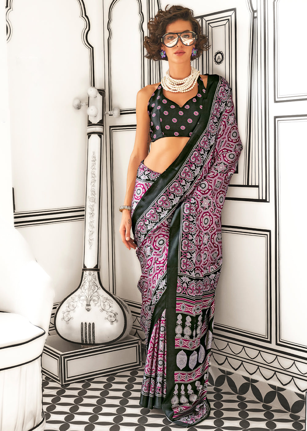 Shades Of Pink Ajrakh Printed Satin Crepe Saree - qivii
