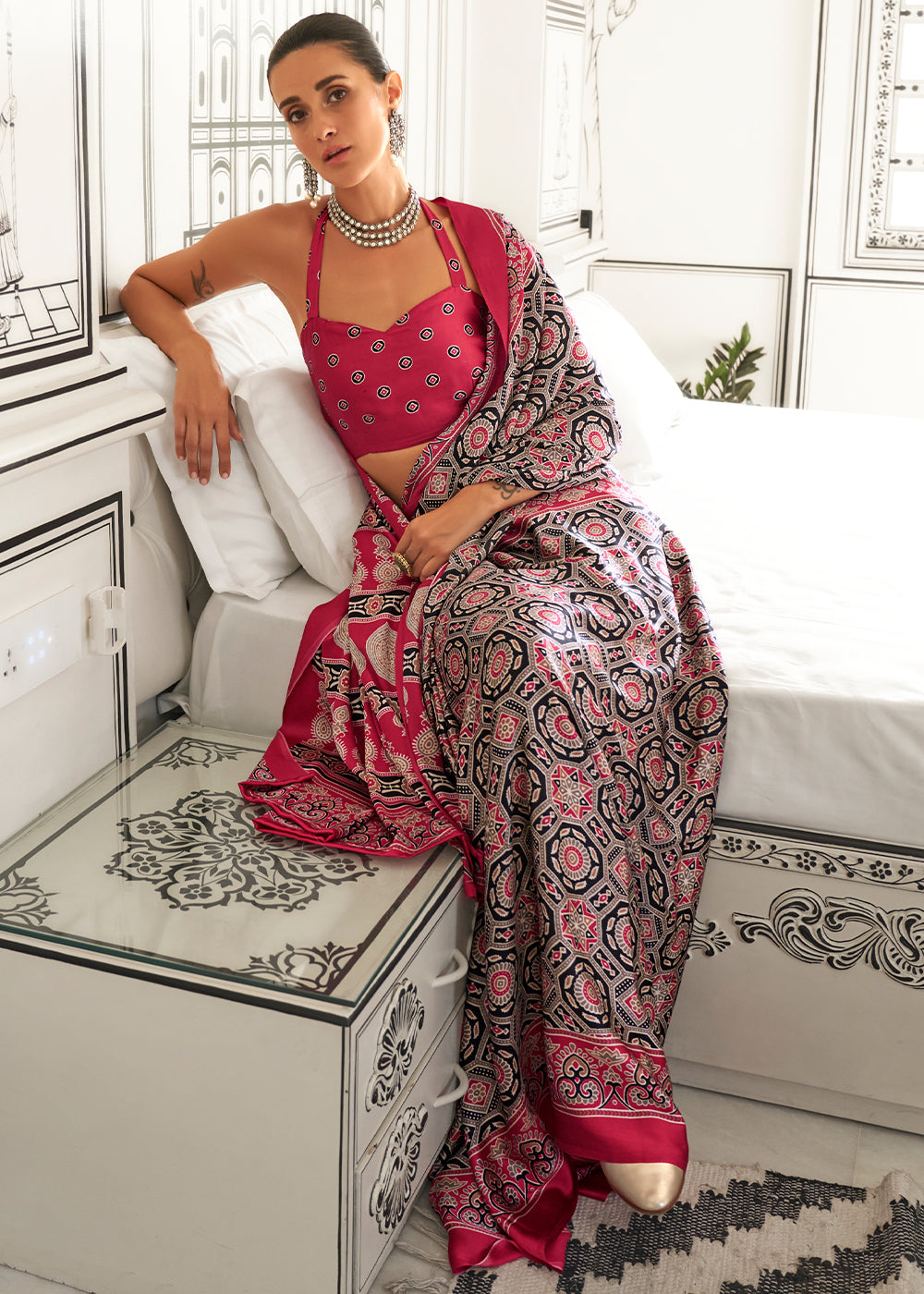 Punch Pink Ajrakh Printed Satin Crepe Saree - qivii