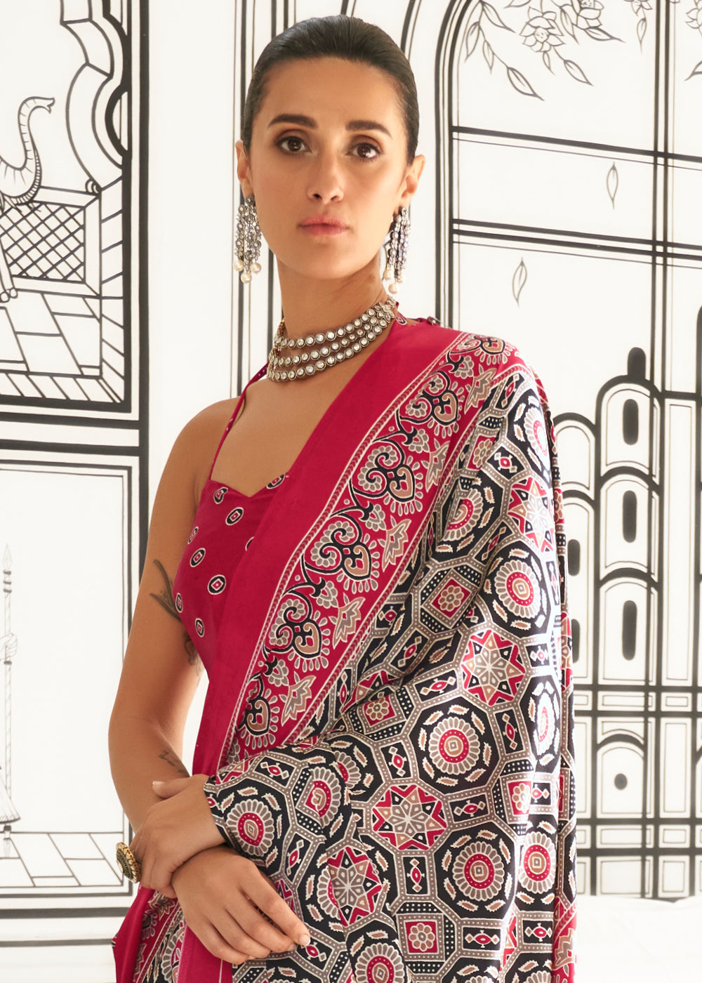 Punch Pink Ajrakh Printed Satin Crepe Saree - qivii