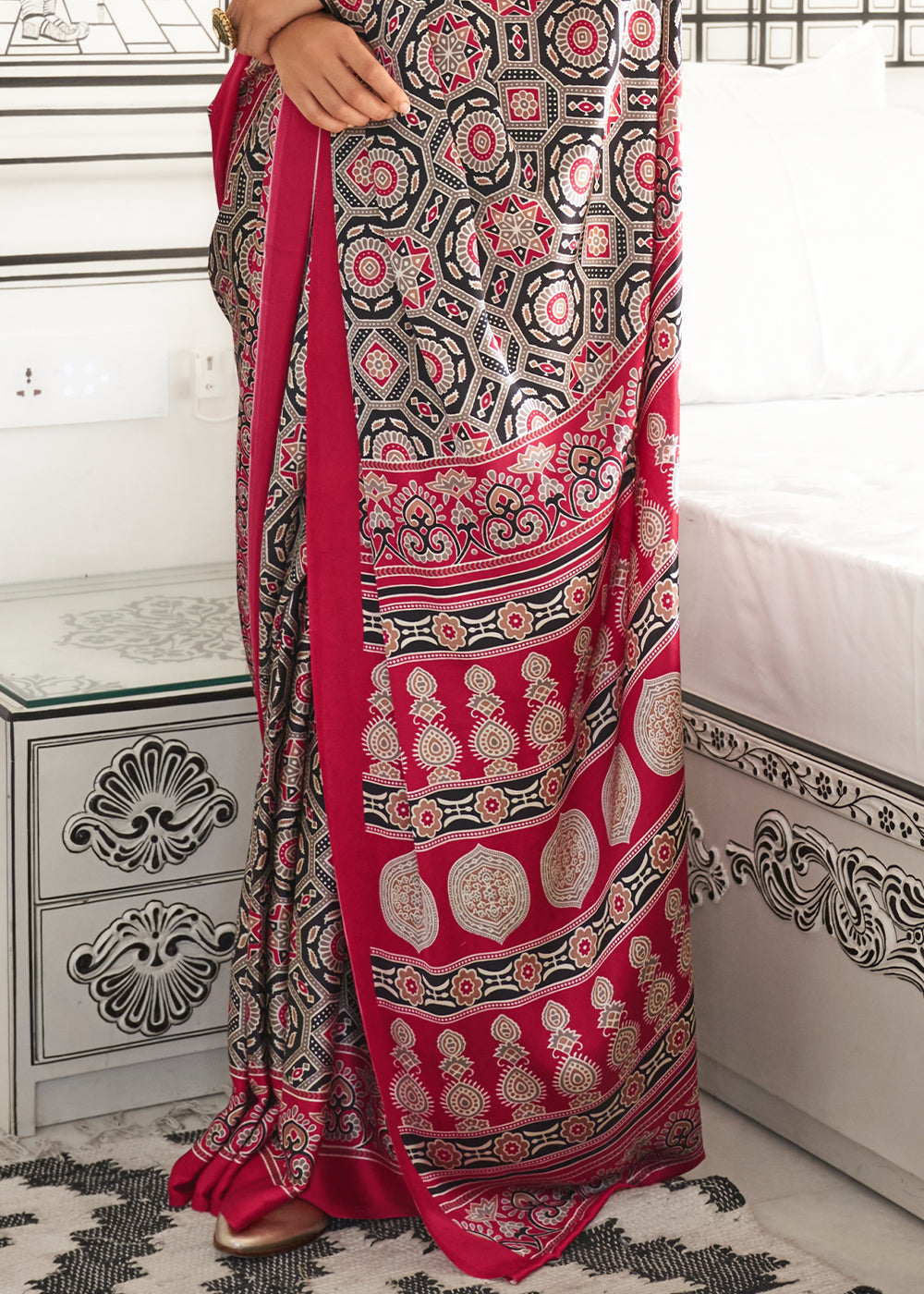 Punch Pink Ajrakh Printed Satin Crepe Saree - qivii