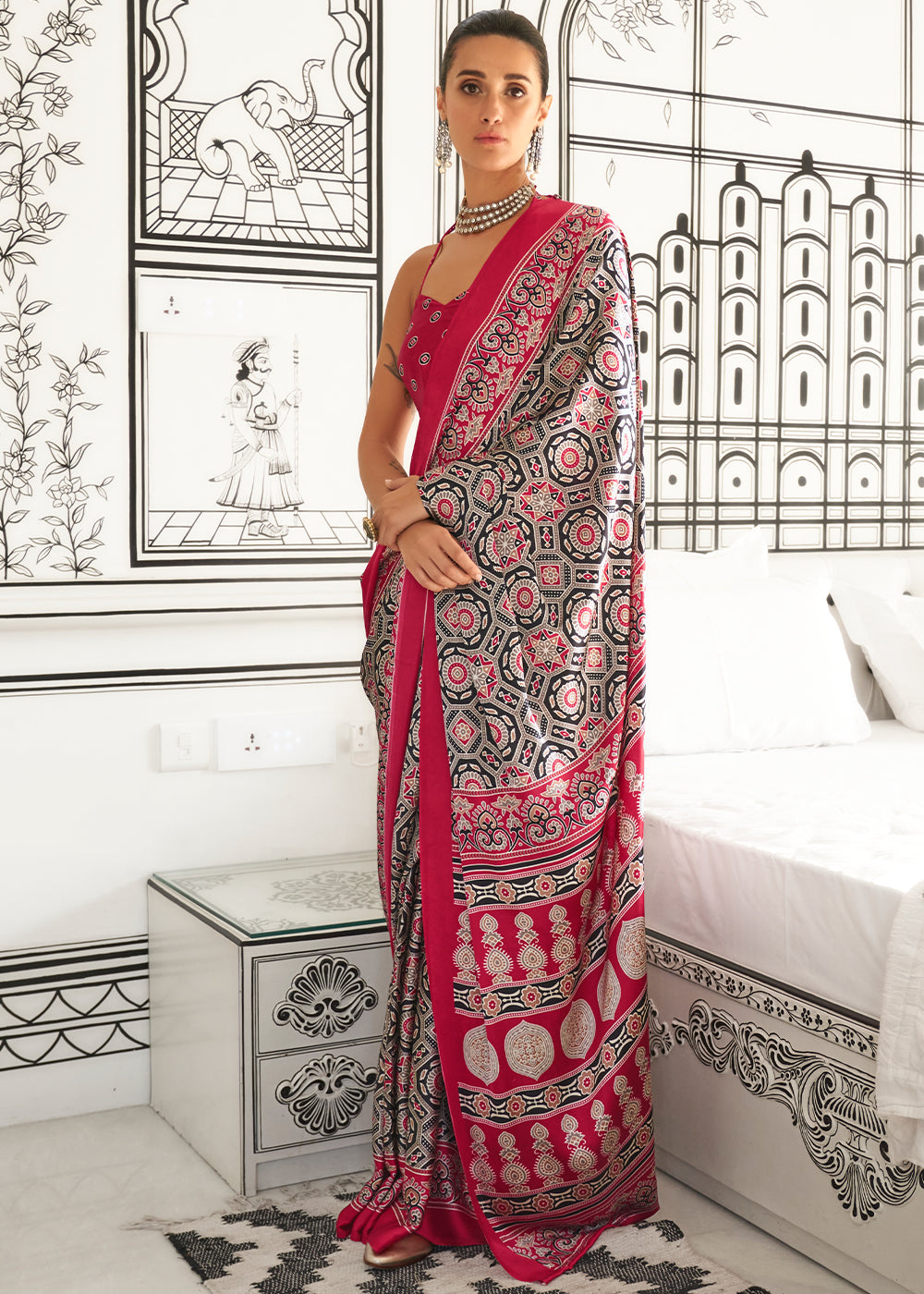 Punch Pink Ajrakh Printed Satin Crepe Saree - qivii