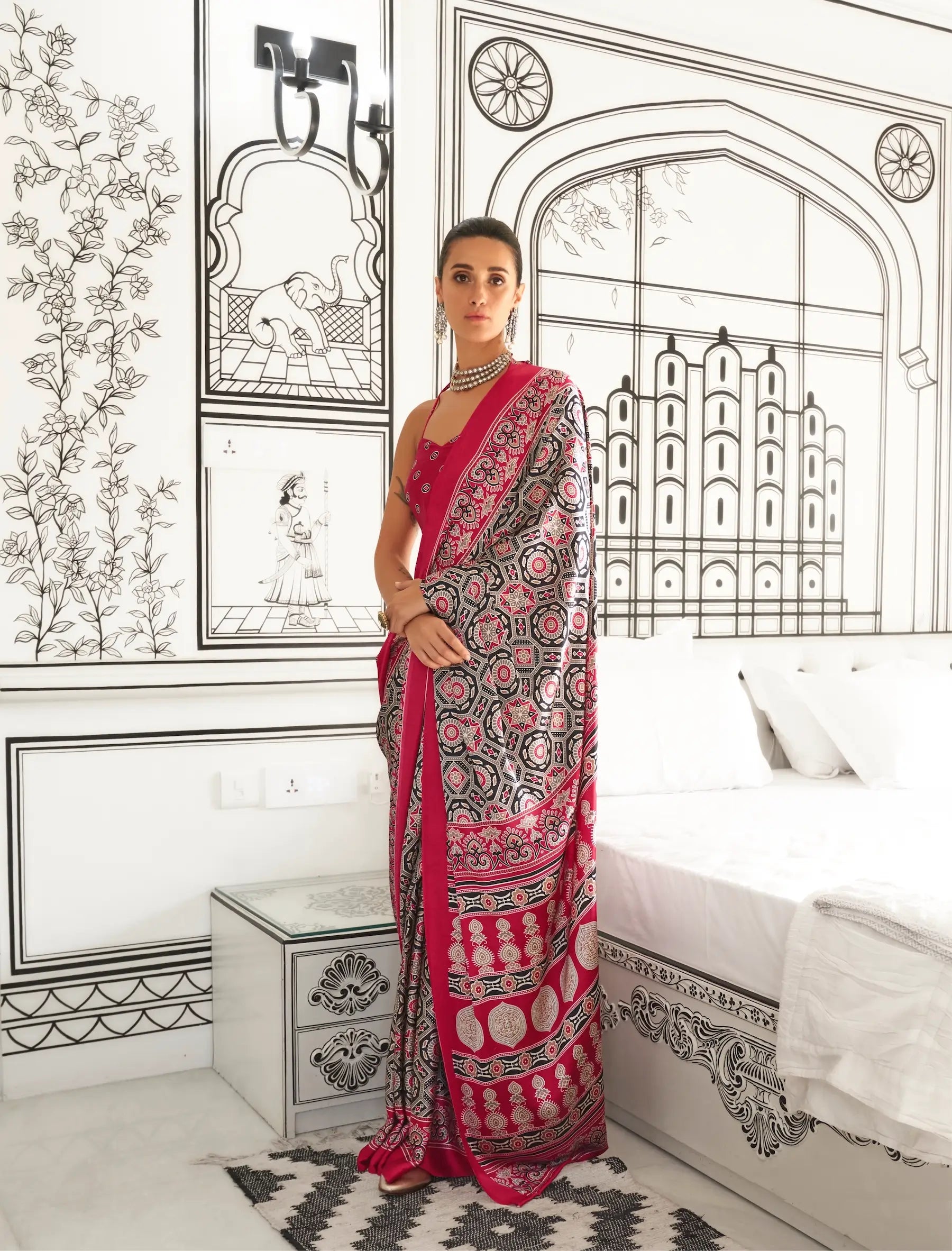 Red-Black Ajrakh Printed Satin Crepe Silk Saree - qivii