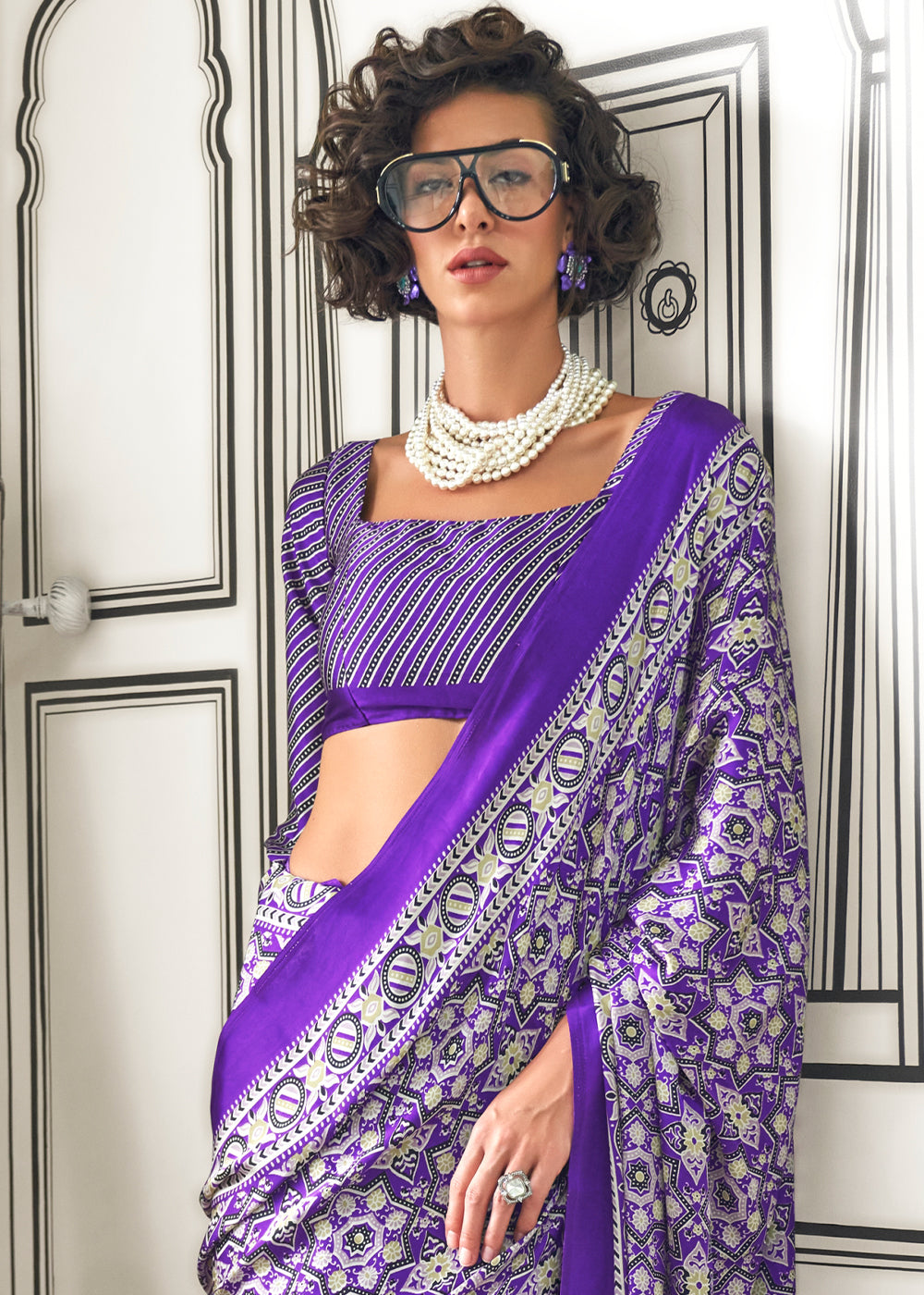 Electric Purple Ajrakh Printed Satin Crepe Saree - qivii