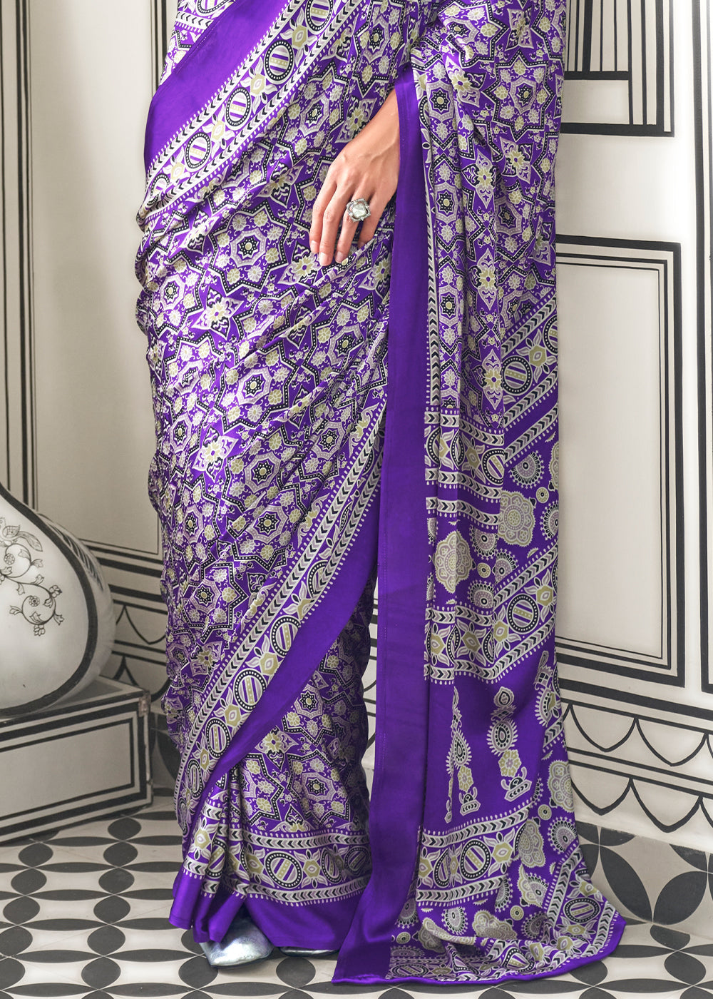 Electric Purple Ajrakh Printed Satin Crepe Saree - qivii