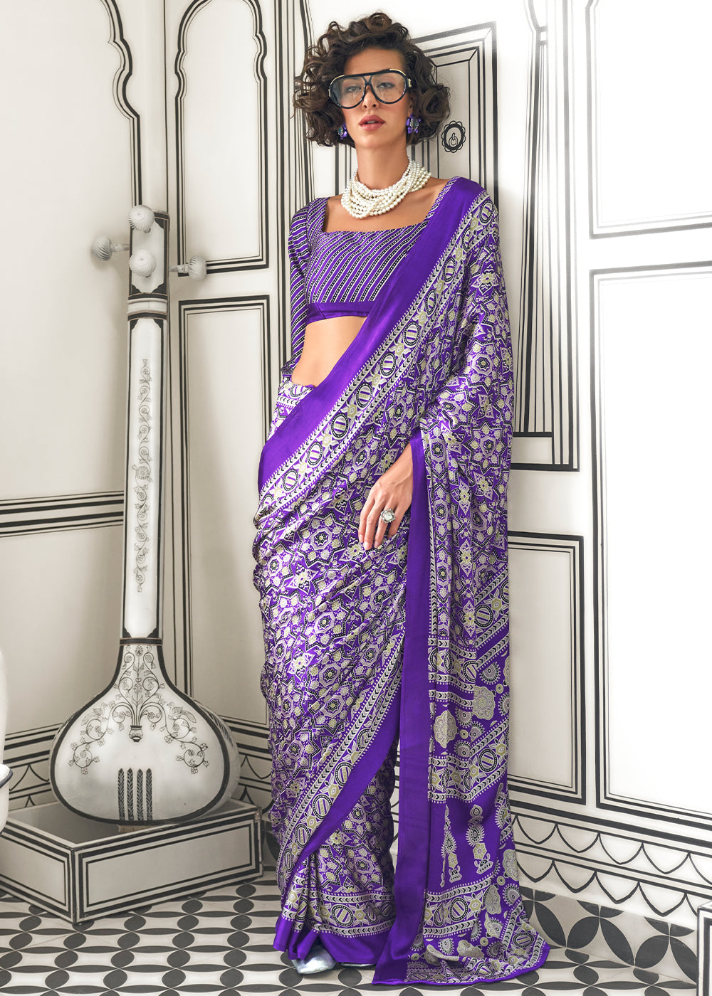 Electric Purple Ajrakh Printed Satin Crepe Saree - qivii