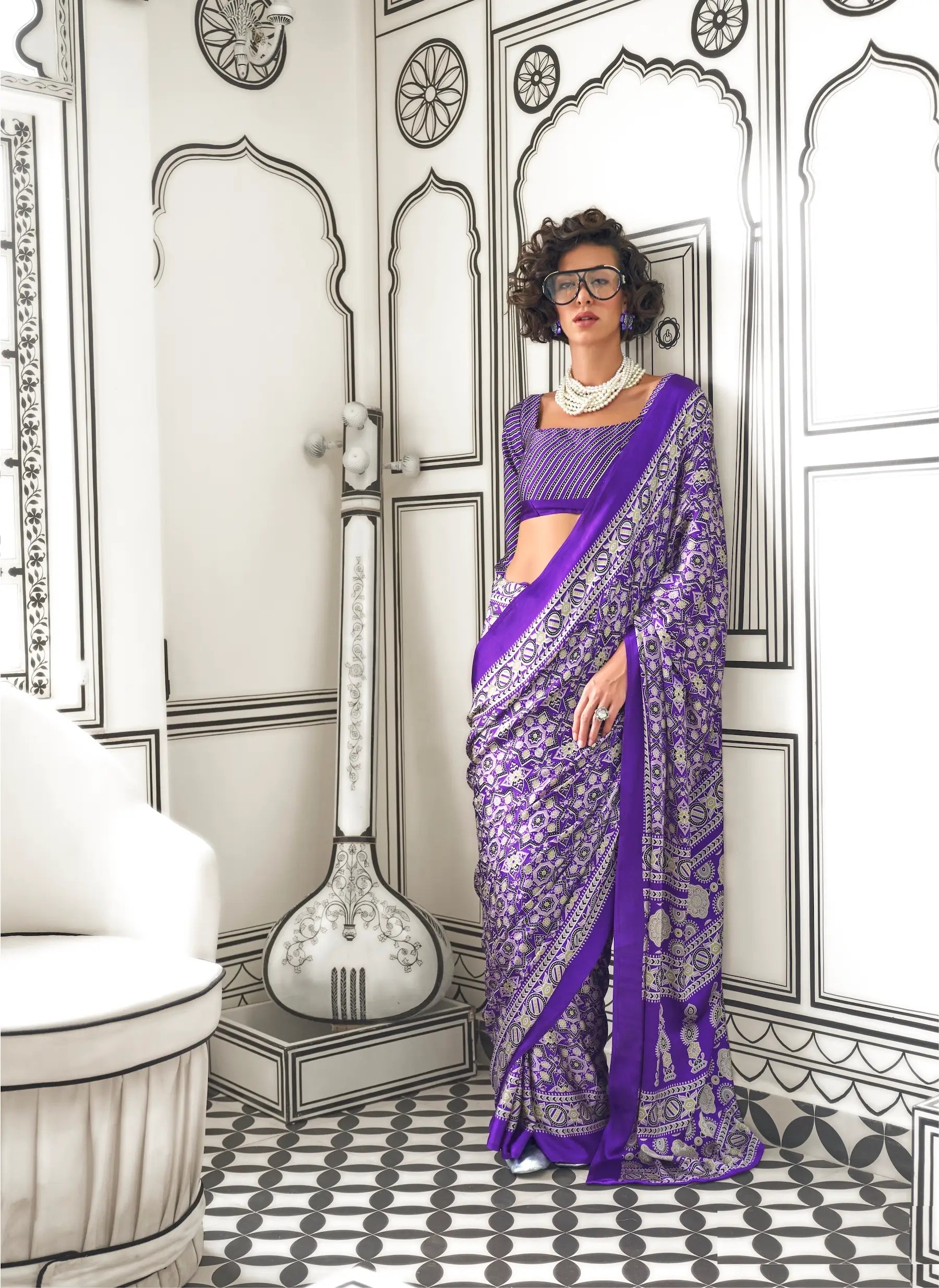 Purple Ajrakh Printed Satin Crepe Silk Saree - qivii