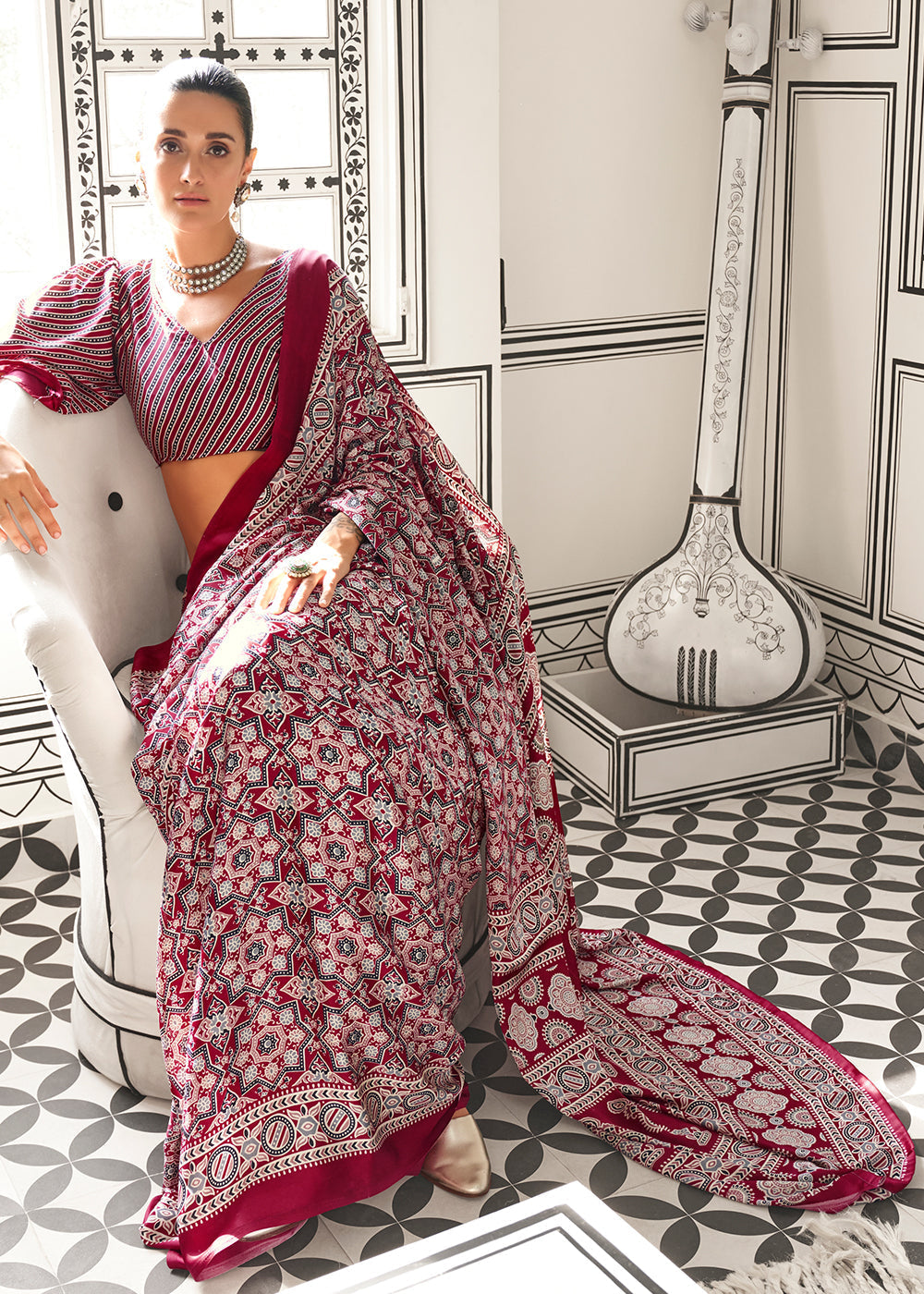Reddish Brown Ajrakh Printed Satin Crepe Saree - qivii
