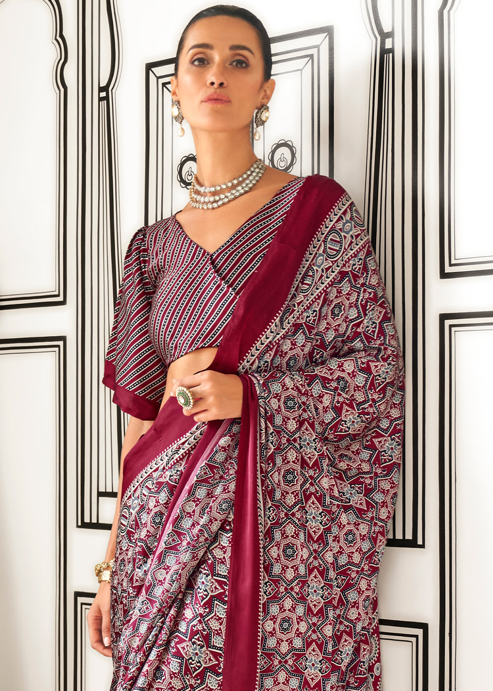 Reddish Brown Ajrakh Printed Satin Crepe Saree - qivii