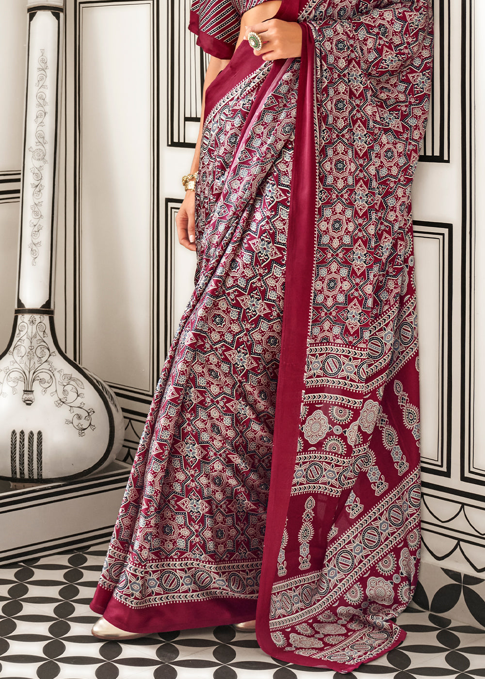 Reddish Brown Ajrakh Printed Satin Crepe Saree - qivii