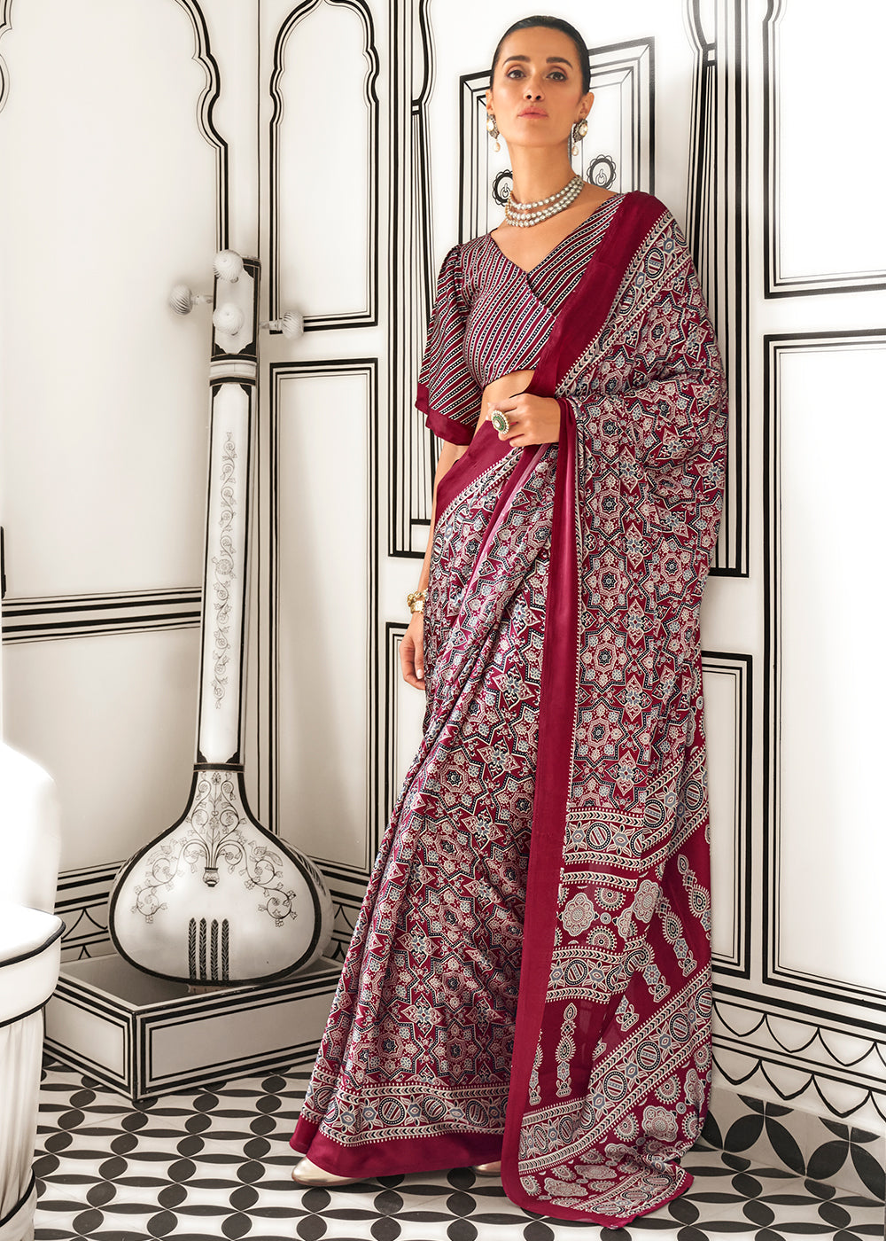 Reddish Brown Ajrakh Printed Satin Crepe Saree - qivii