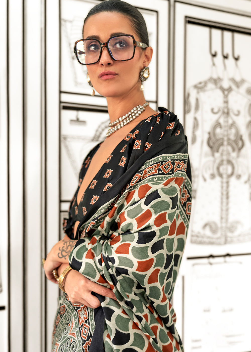 Orange & Green Ajrakh Printed Satin Crepe Saree - qivii