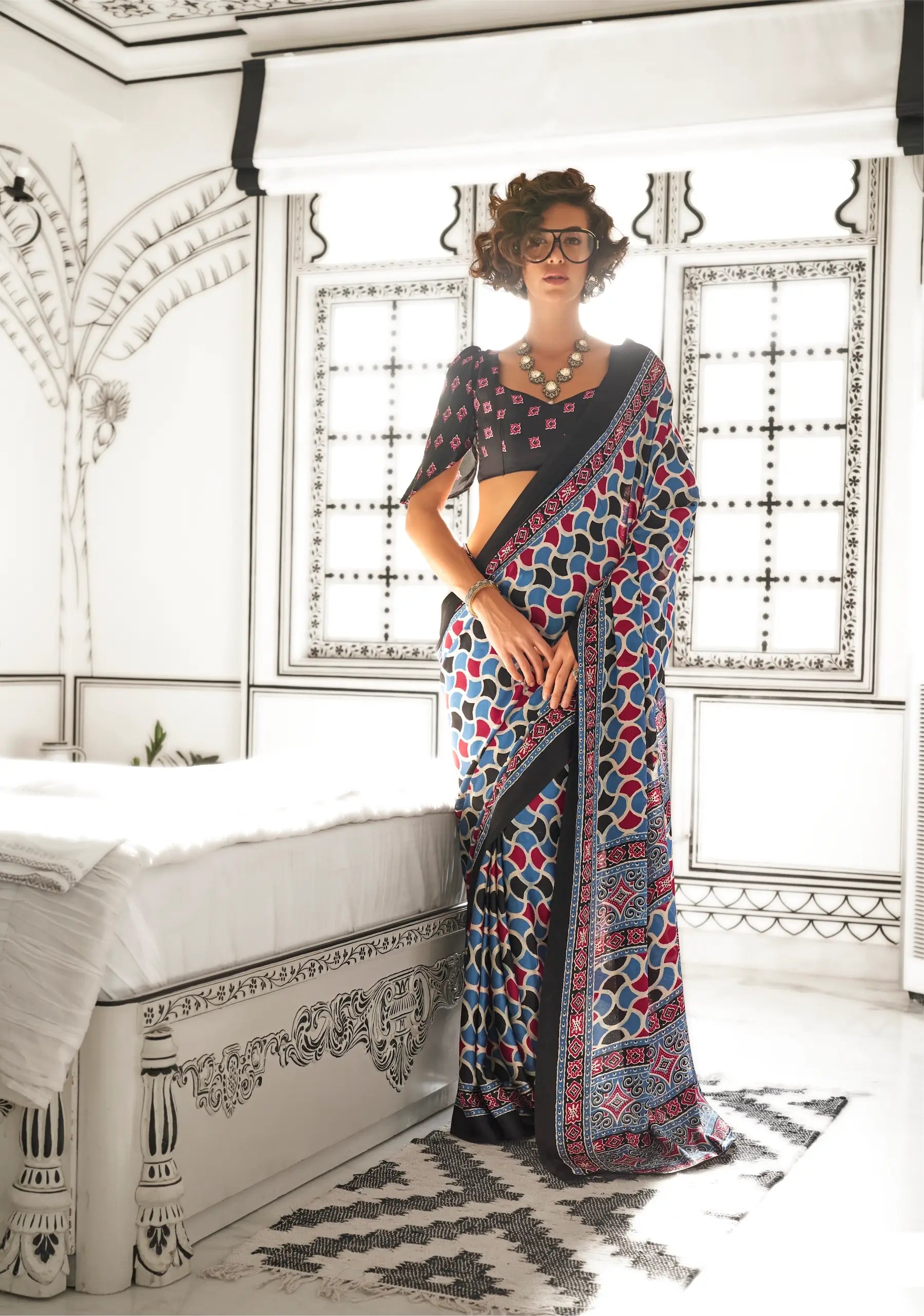 Black-Teal Ajrakh Printed Satin Crepe Silk Saree