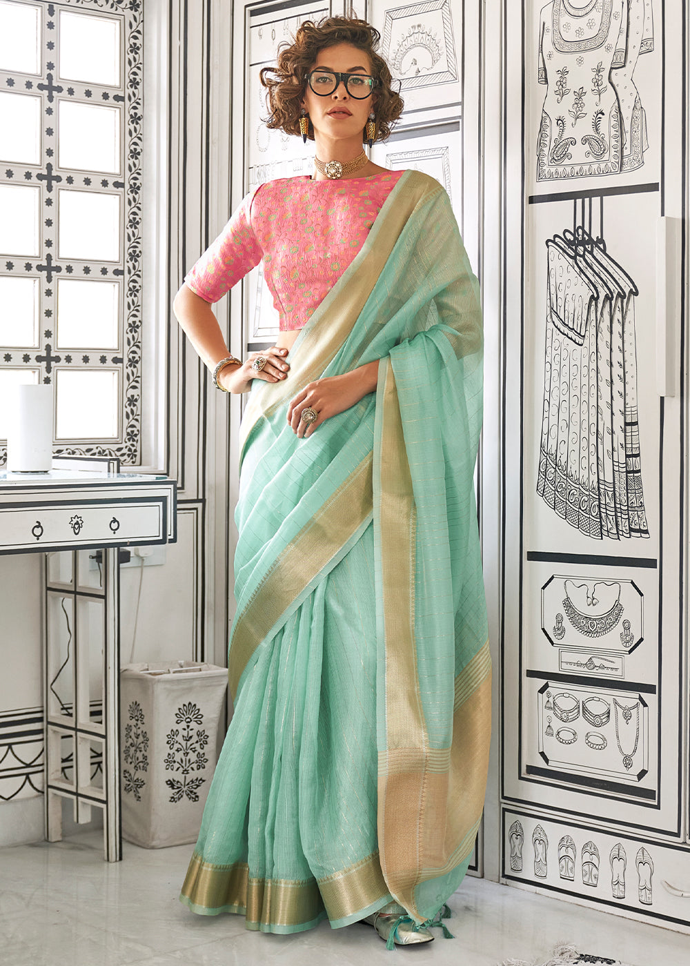 Turquoise Blue Chiffon Saree Having Handloom Weaving Border & All Over Zari Lining - qivii