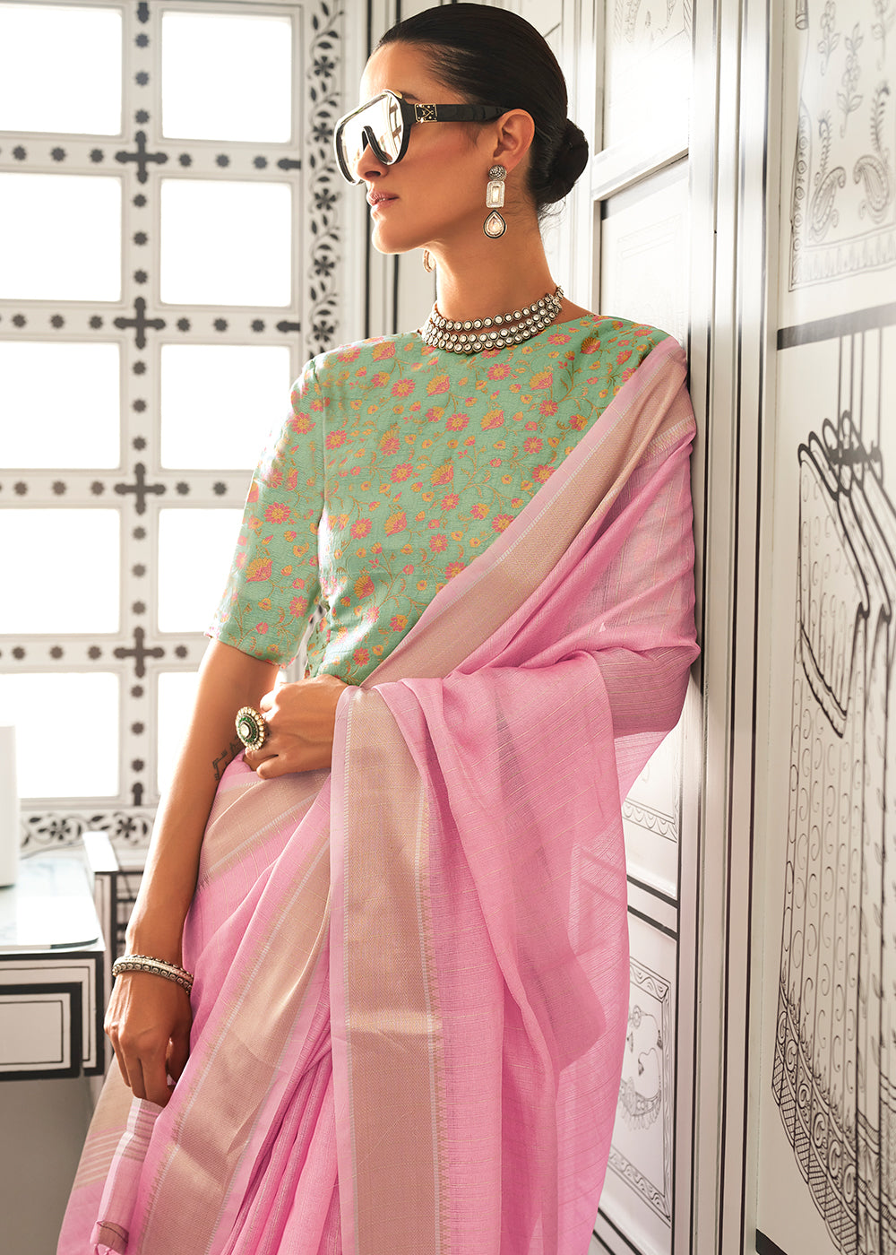 Taffy Pink Chiffon Saree Having Handloom Weaving Border & All Over Zari Lining : Top Pick - qivii
