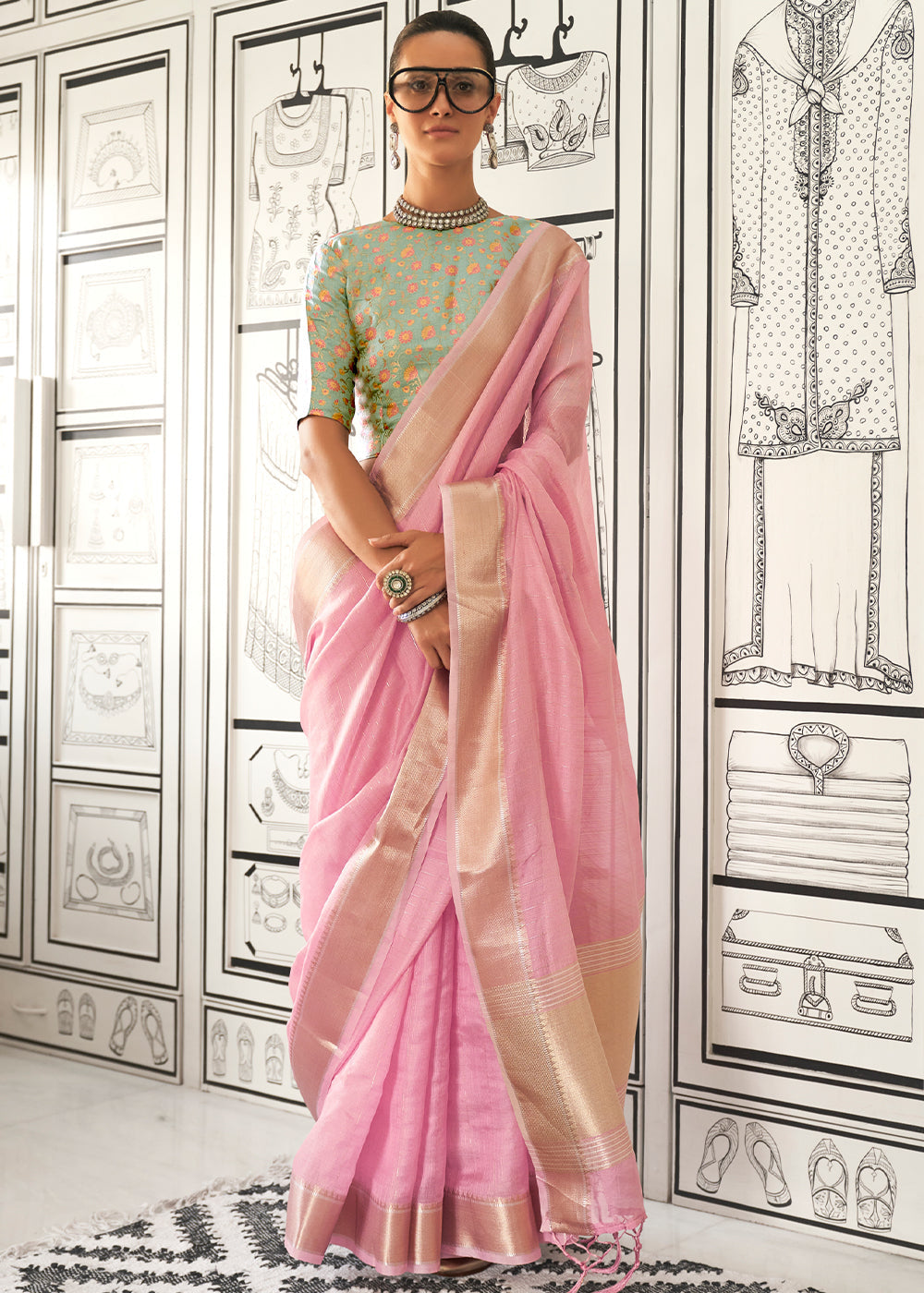 Taffy Pink Chiffon Saree Having Handloom Weaving Border & All Over Zari Lining : Top Pick - qivii