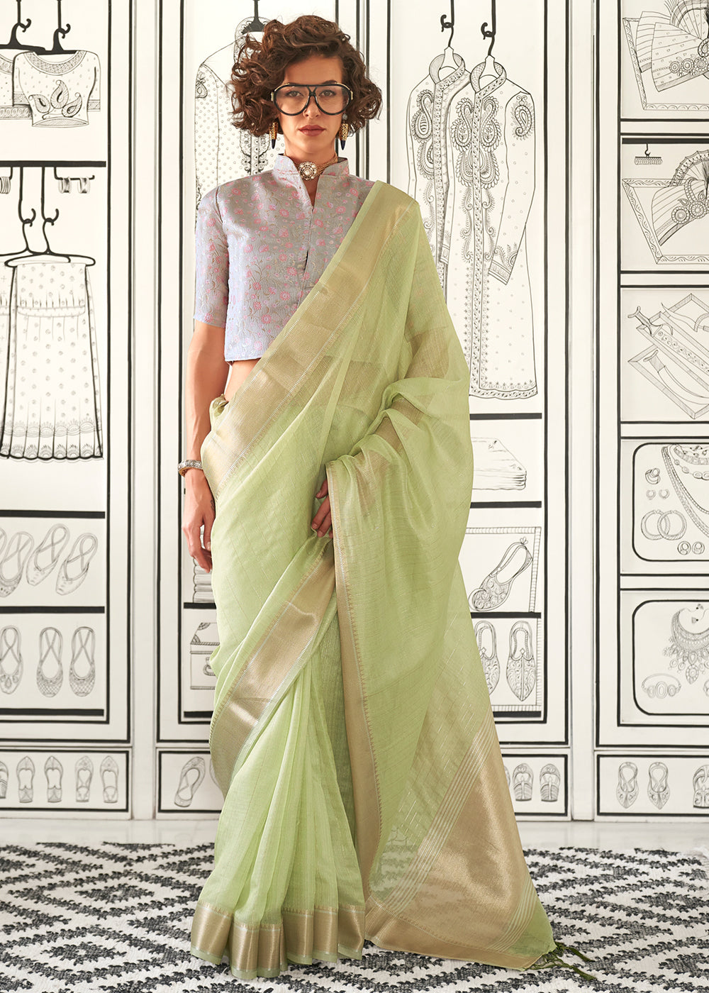 Light Green Chiffon Saree Having Handloom Weaving Border & All Over Zari Lining - qivii