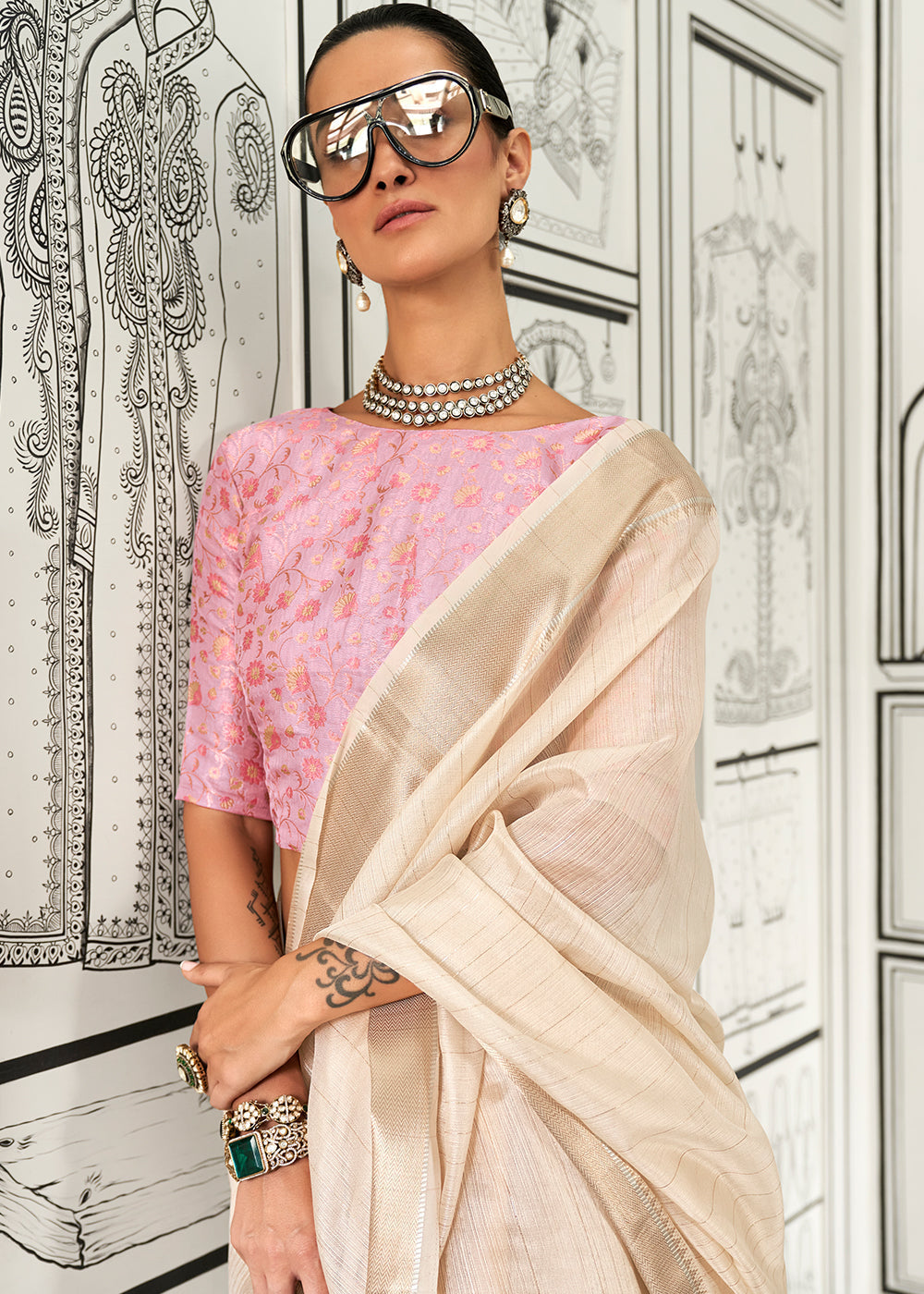 Cream White Chiffon Saree Having Handloom Weaving Border & All Over Zari Lining - qivii