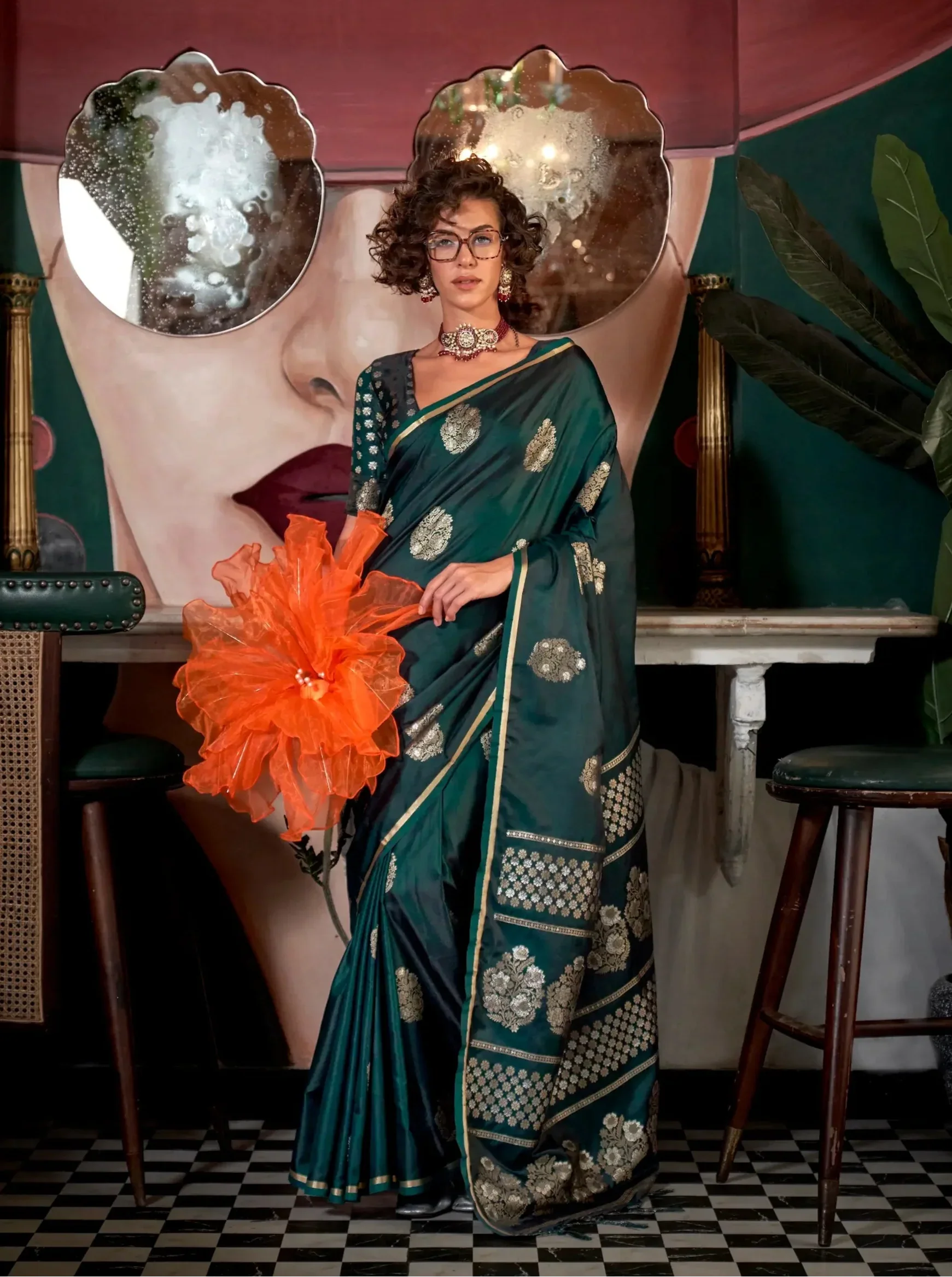 Deep Green Satin Handloom Silk Zari Weaving Work Saree - qivii