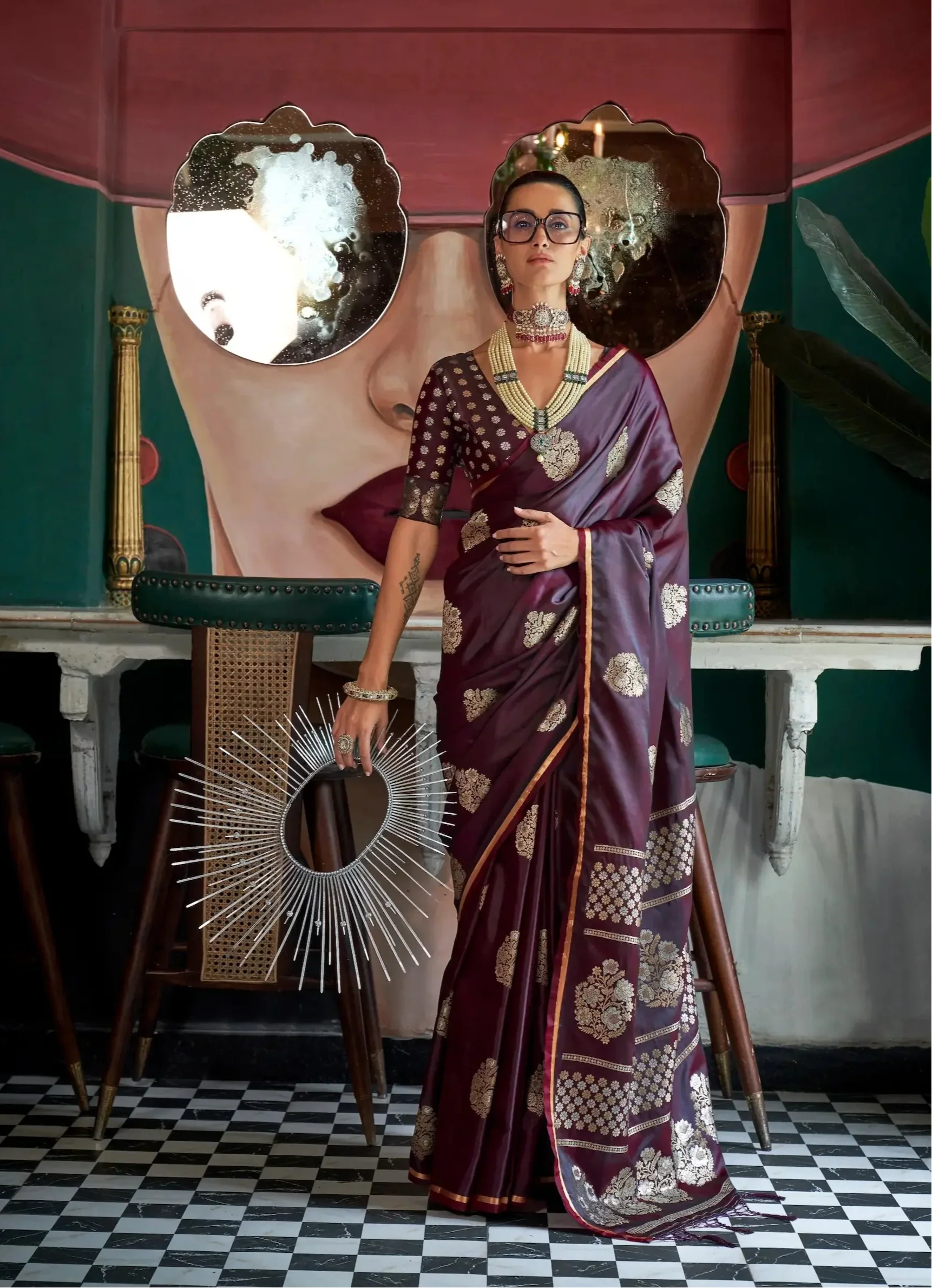 Wine Red Satin Handloom Silk Zari Weaving Work Saree - qivii