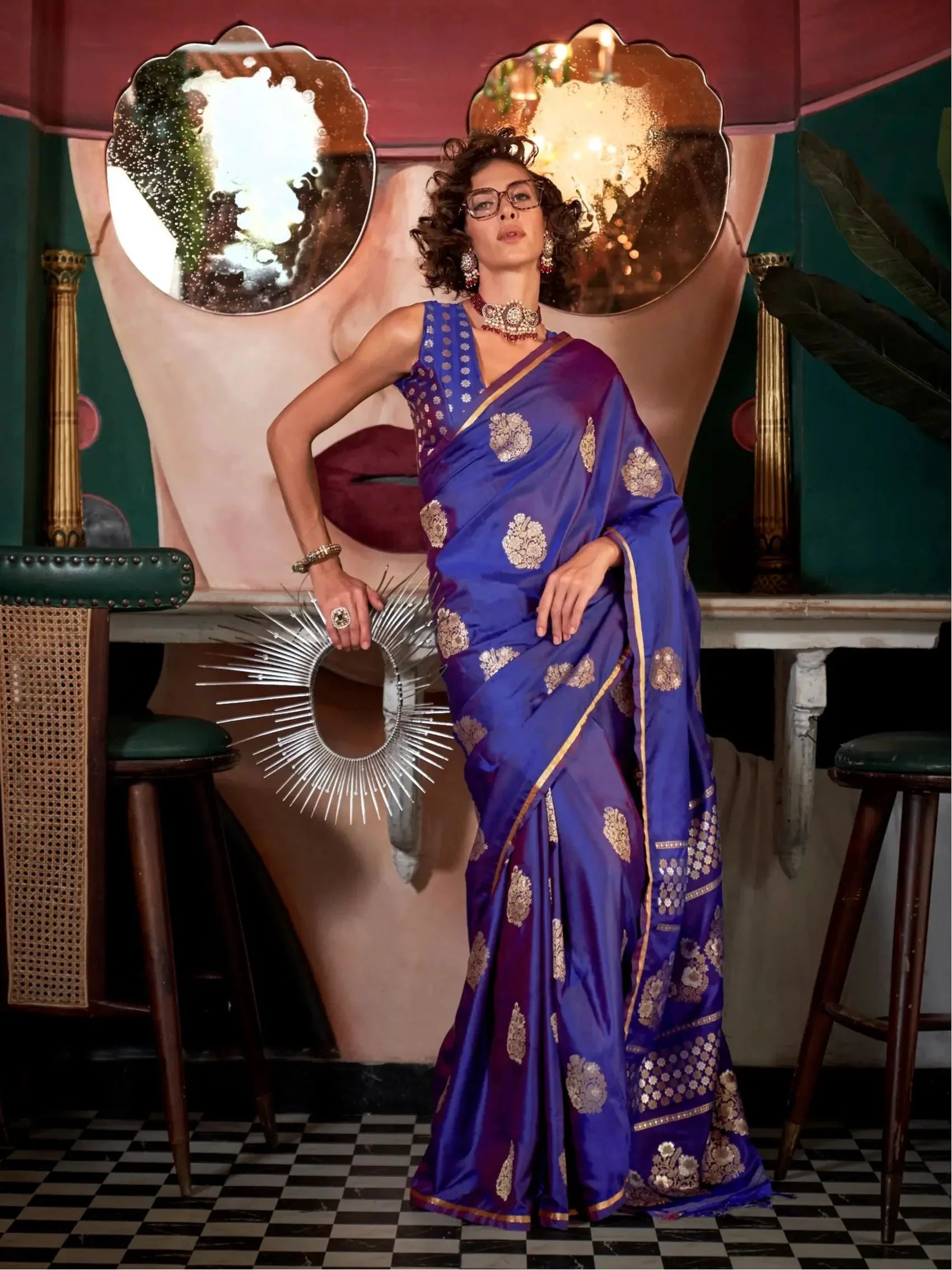 Bluish Purple Satin Handloom Silk Zari Weaving Work Saree - qivii