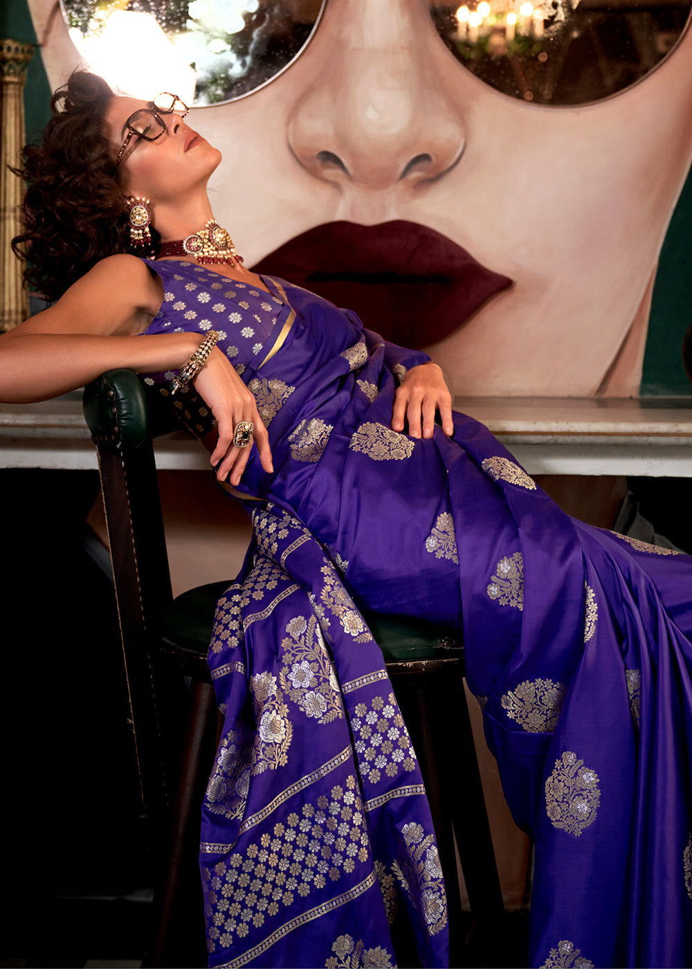 Indigo Purple Zari Woven Satin Silk Saree with Brocade Blouse - qivii