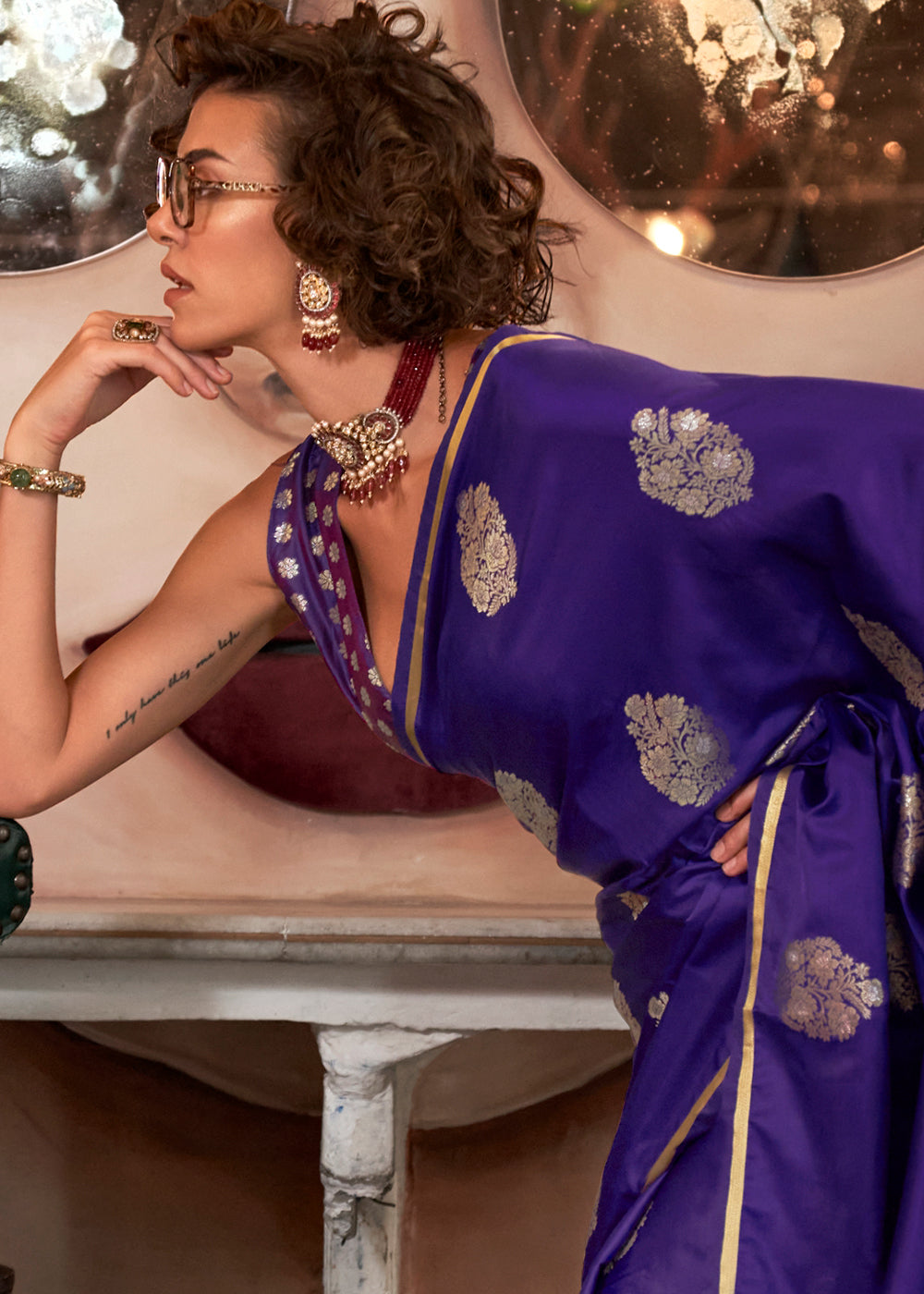 Indigo Purple Zari Woven Satin Silk Saree with Brocade Blouse - qivii