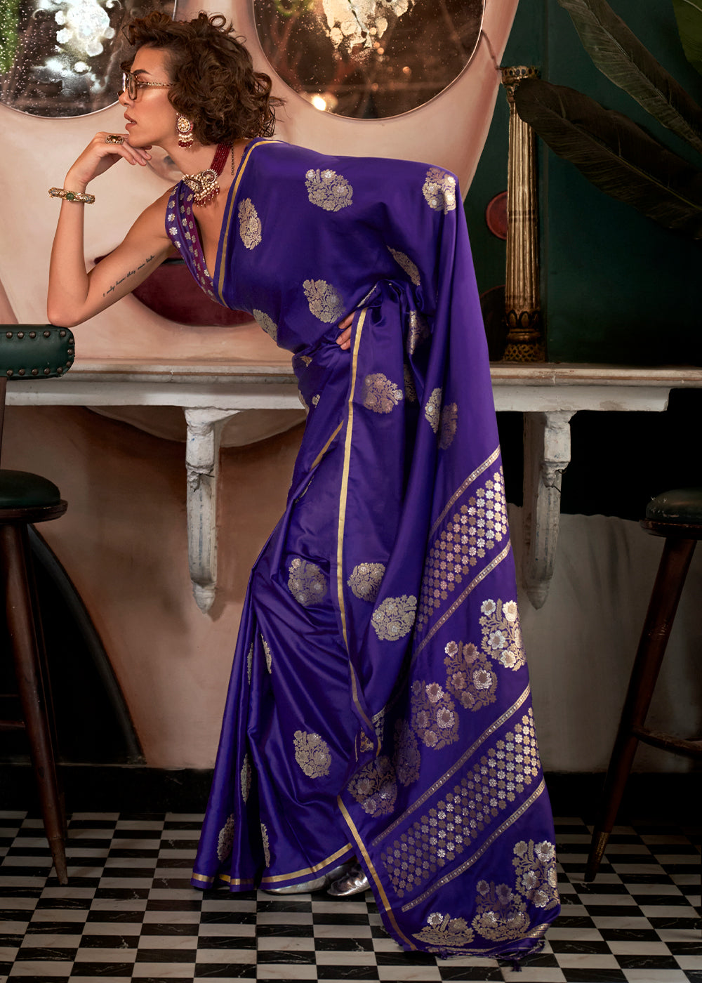 Indigo Purple Zari Woven Satin Silk Saree with Brocade Blouse - qivii